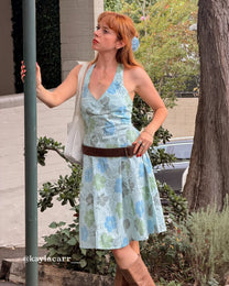 Stretch Cotton Floral Halter Dress - Blue