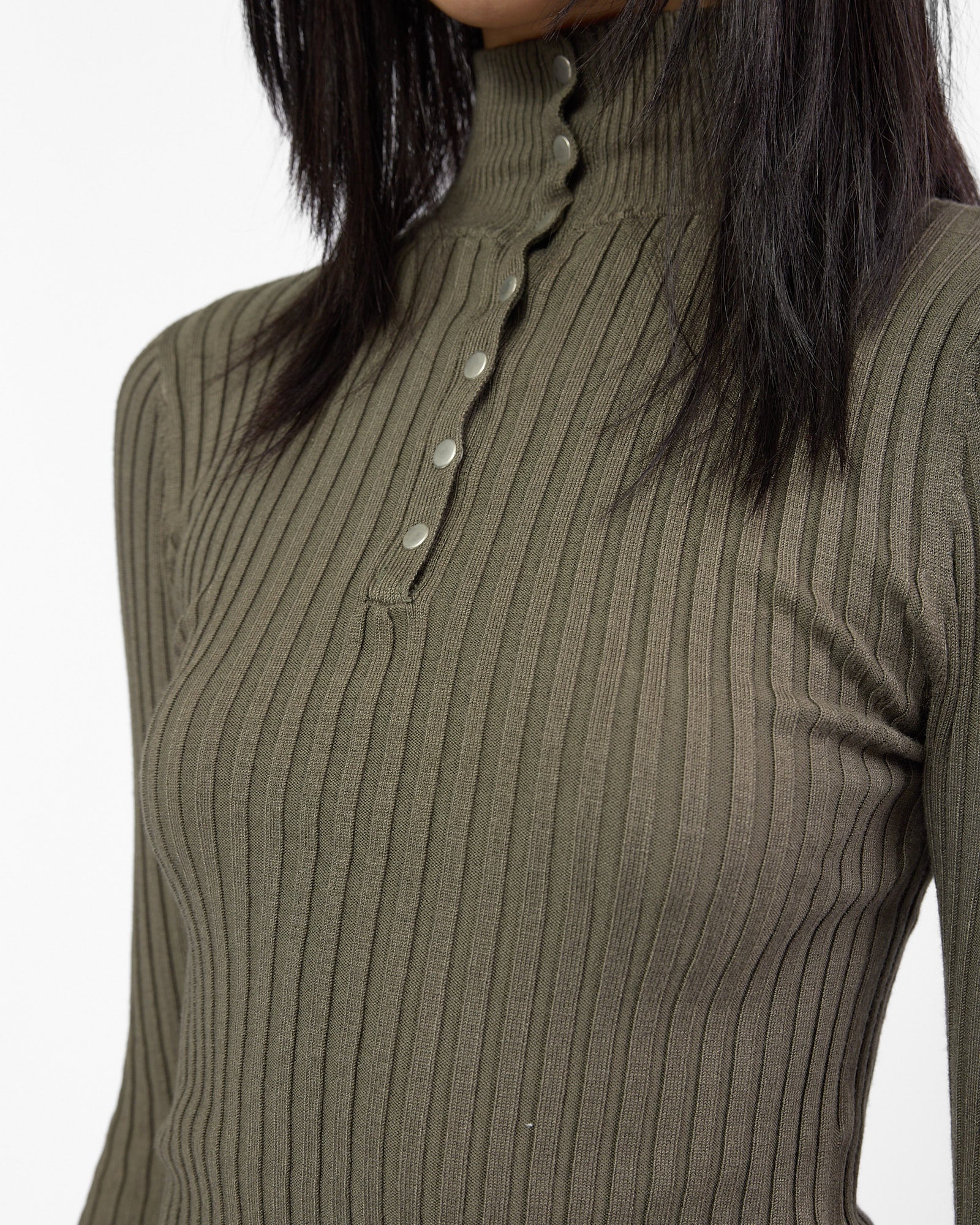 Button Up Ribbed 3/4 Length Sleeve Top