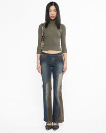 Button Up Ribbed 3/4 Length Sleeve Top