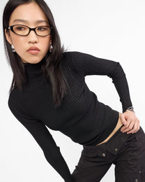 Ribbed Turtle Neck Knit Long Sleeve Top