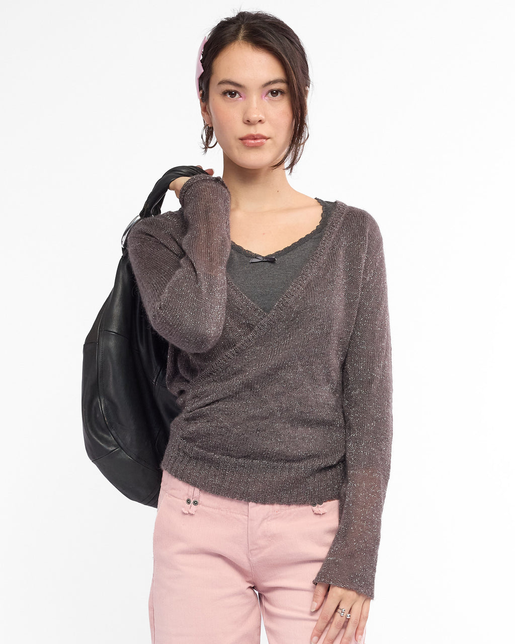 Mohair Sparkle Crossover Knit Top