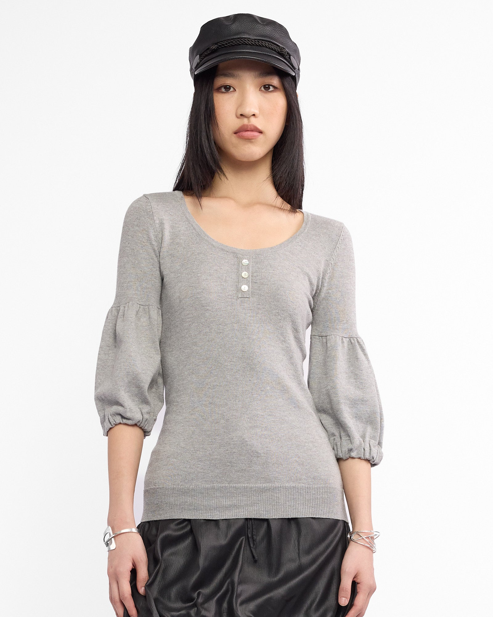 Puff Sleeve Pearl Button Knit Blouse