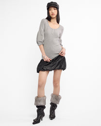 Puff Sleeve Pearl Button Knit Blouse