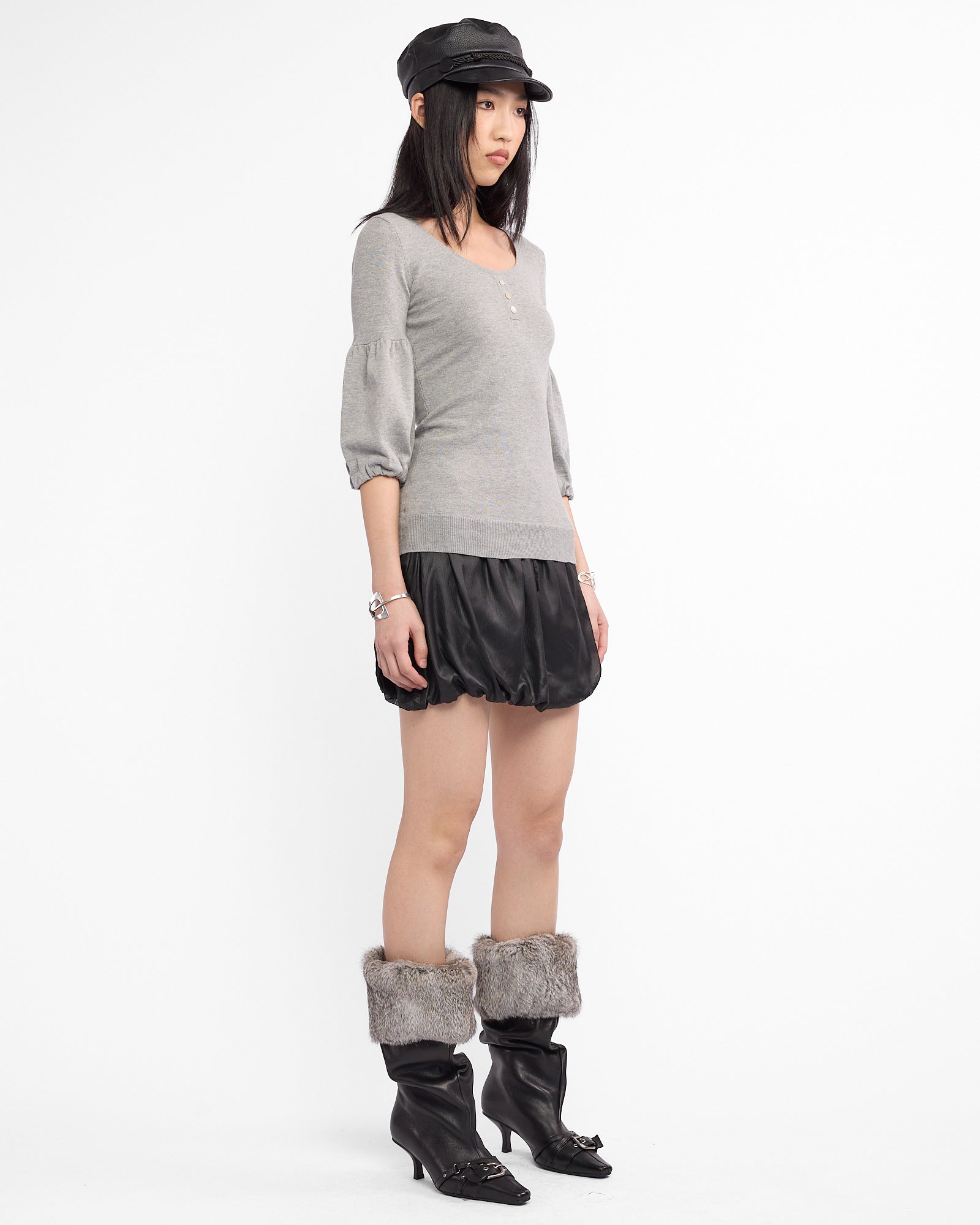 Puff Sleeve Pearl Button Knit Blouse