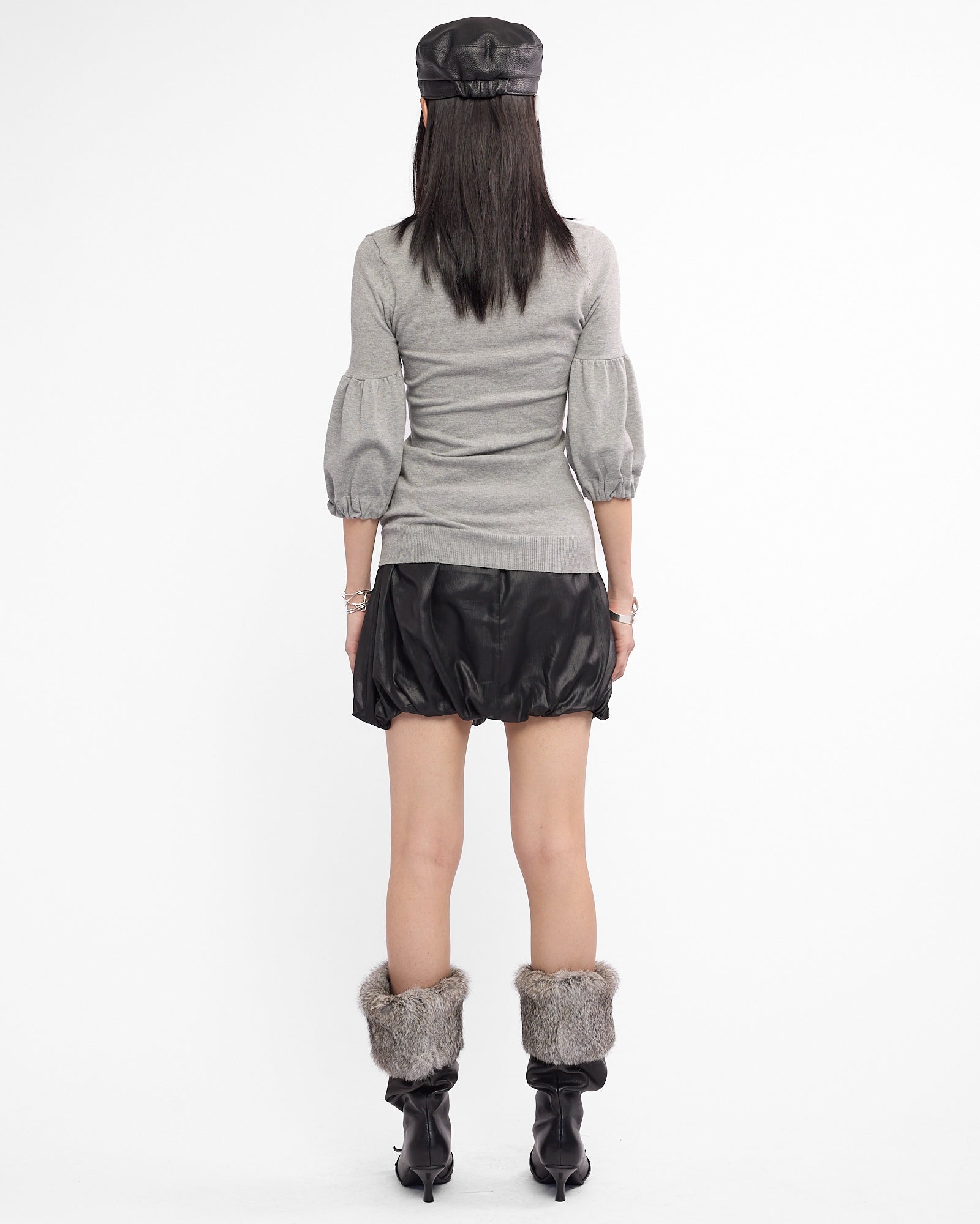 Puff Sleeve Pearl Button Knit Blouse