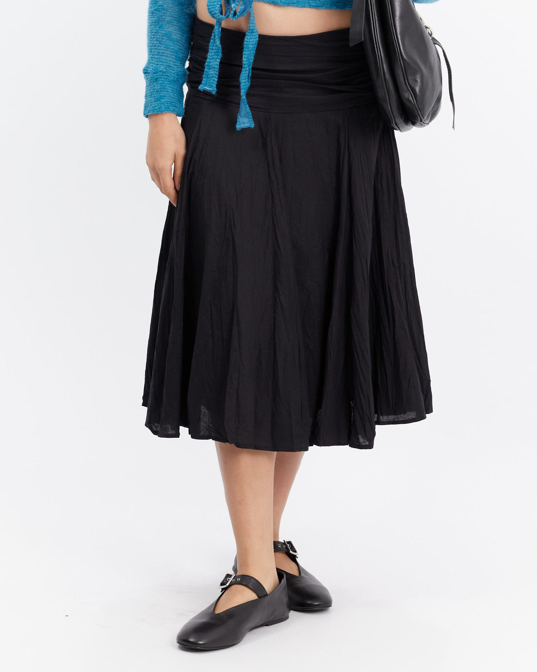 Crinkle Cotton Black Midi Skirt