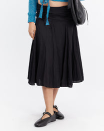 Crinkle Cotton Black Midi Skirt