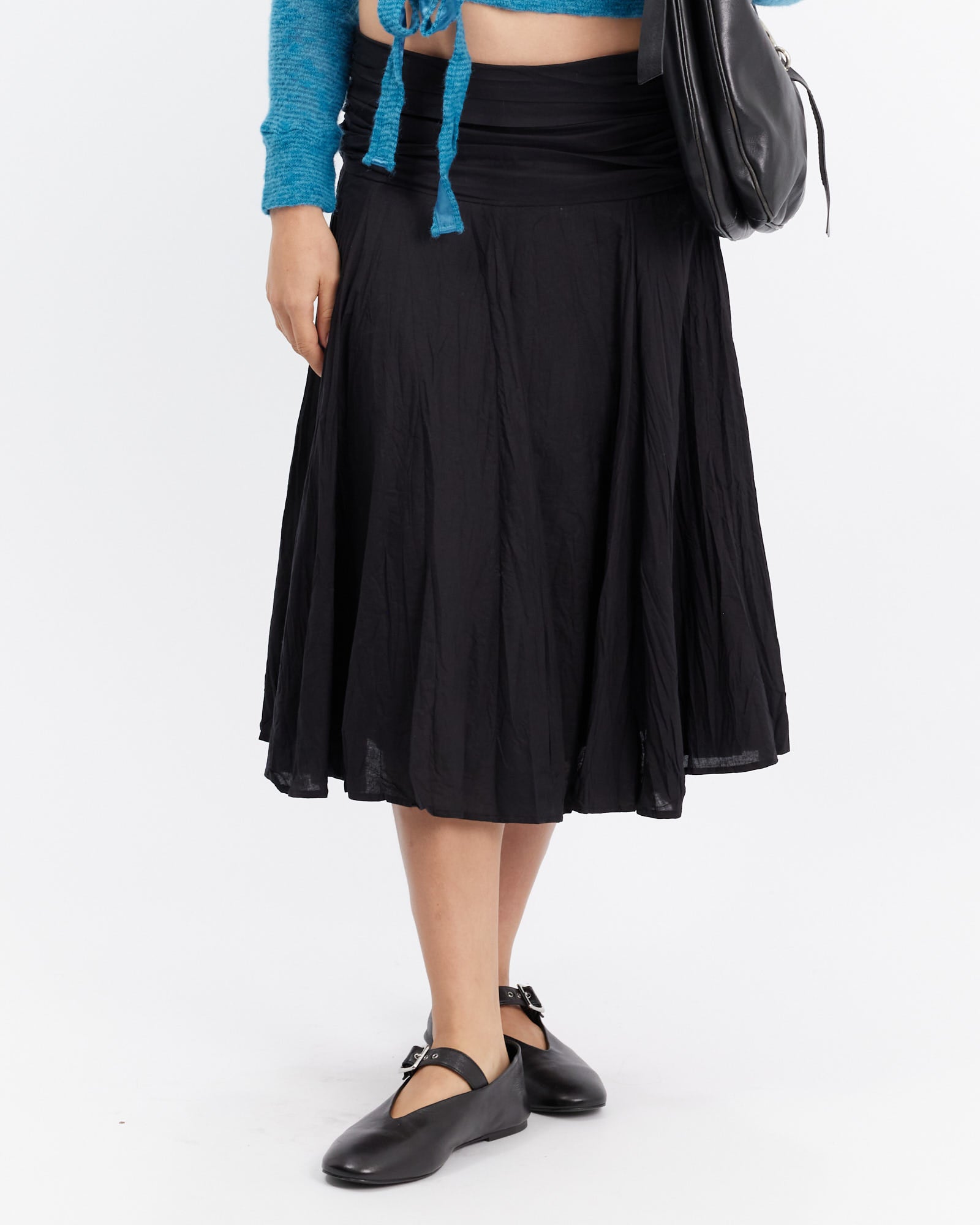 Crinkle Cotton Black Midi Skirt