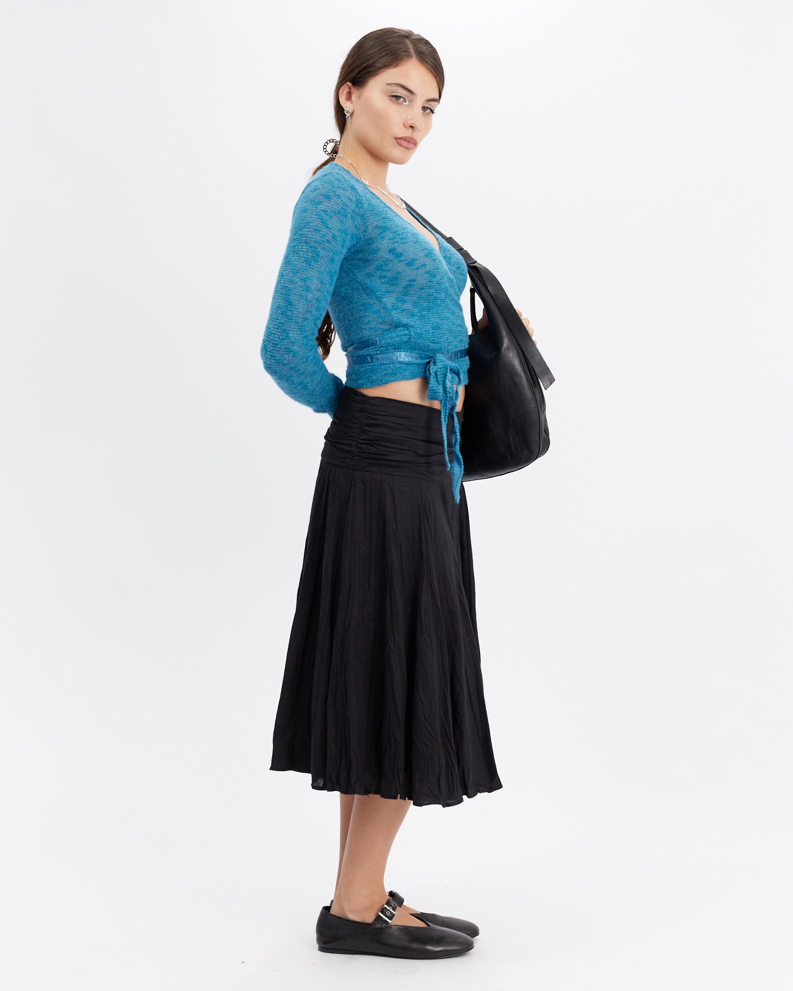 Crinkle Cotton Black Midi Skirt