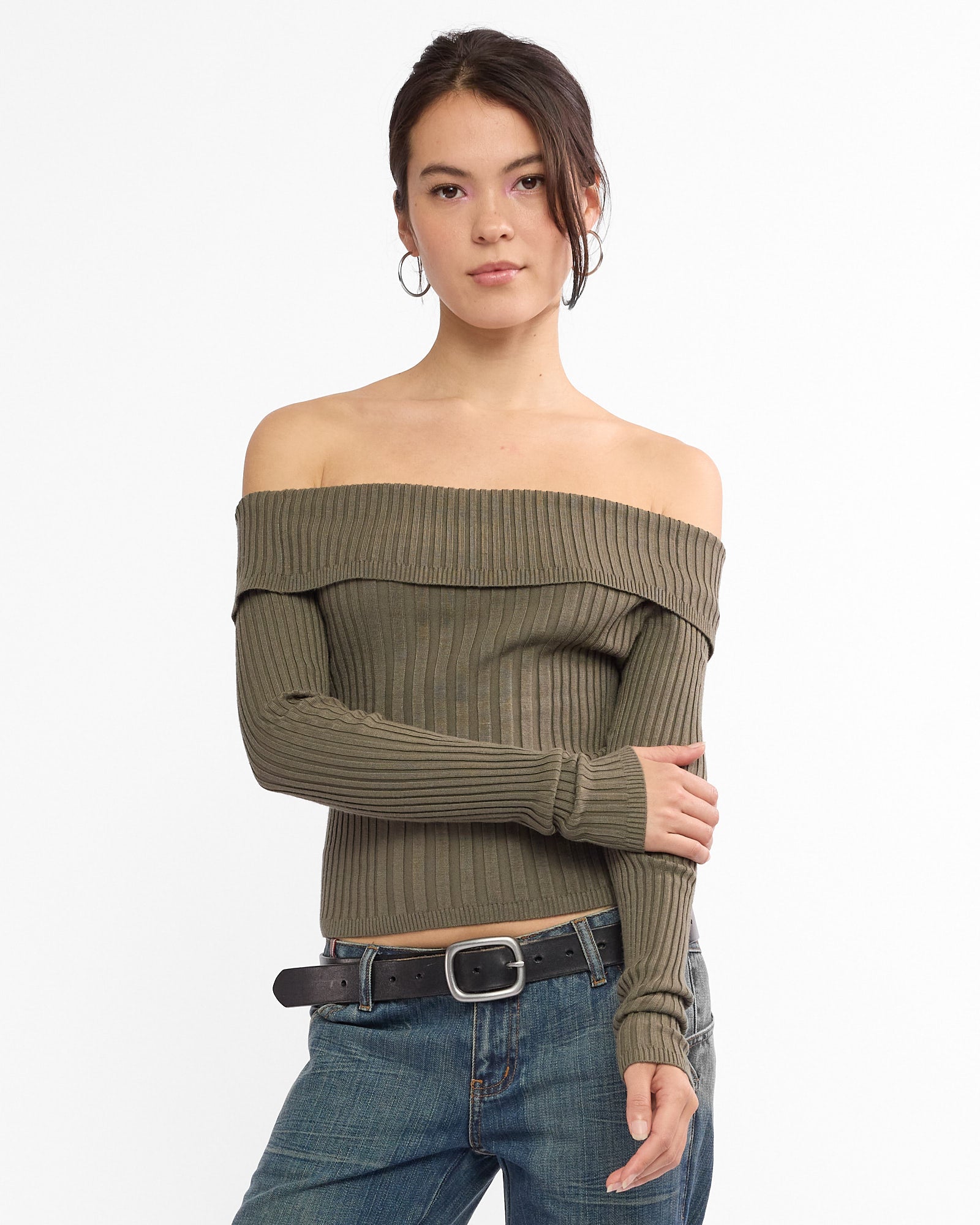 Fold Over Rayon Ribbed Knit Top