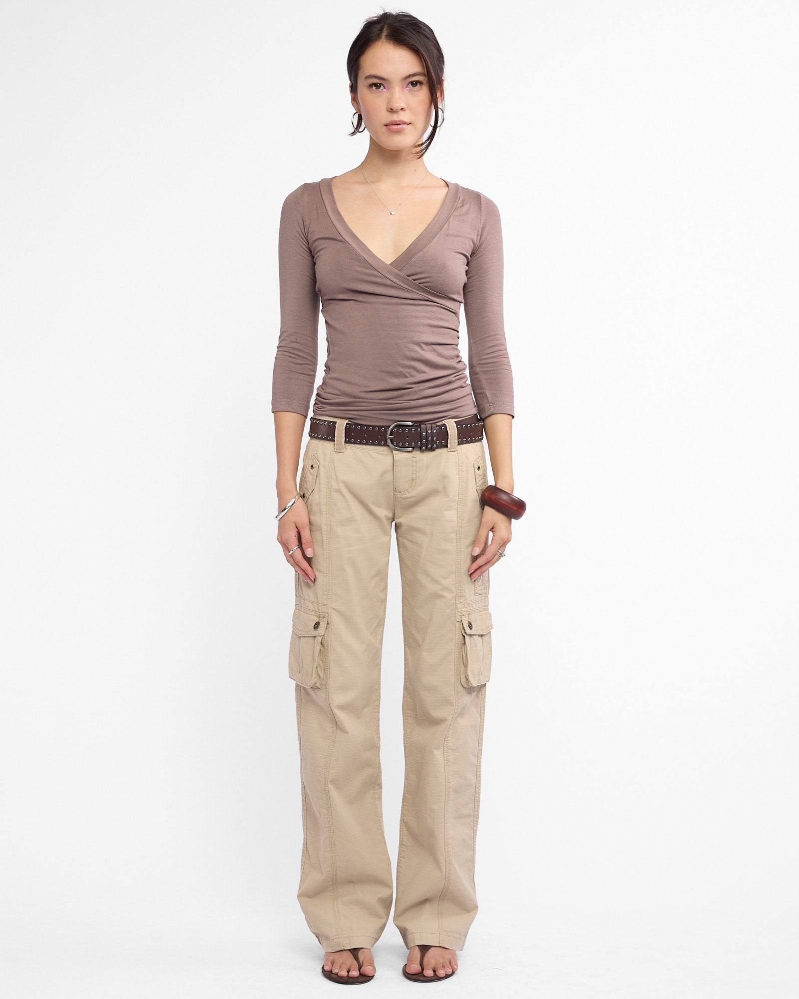 V Neck 3/4 Sleeve Jersey Top