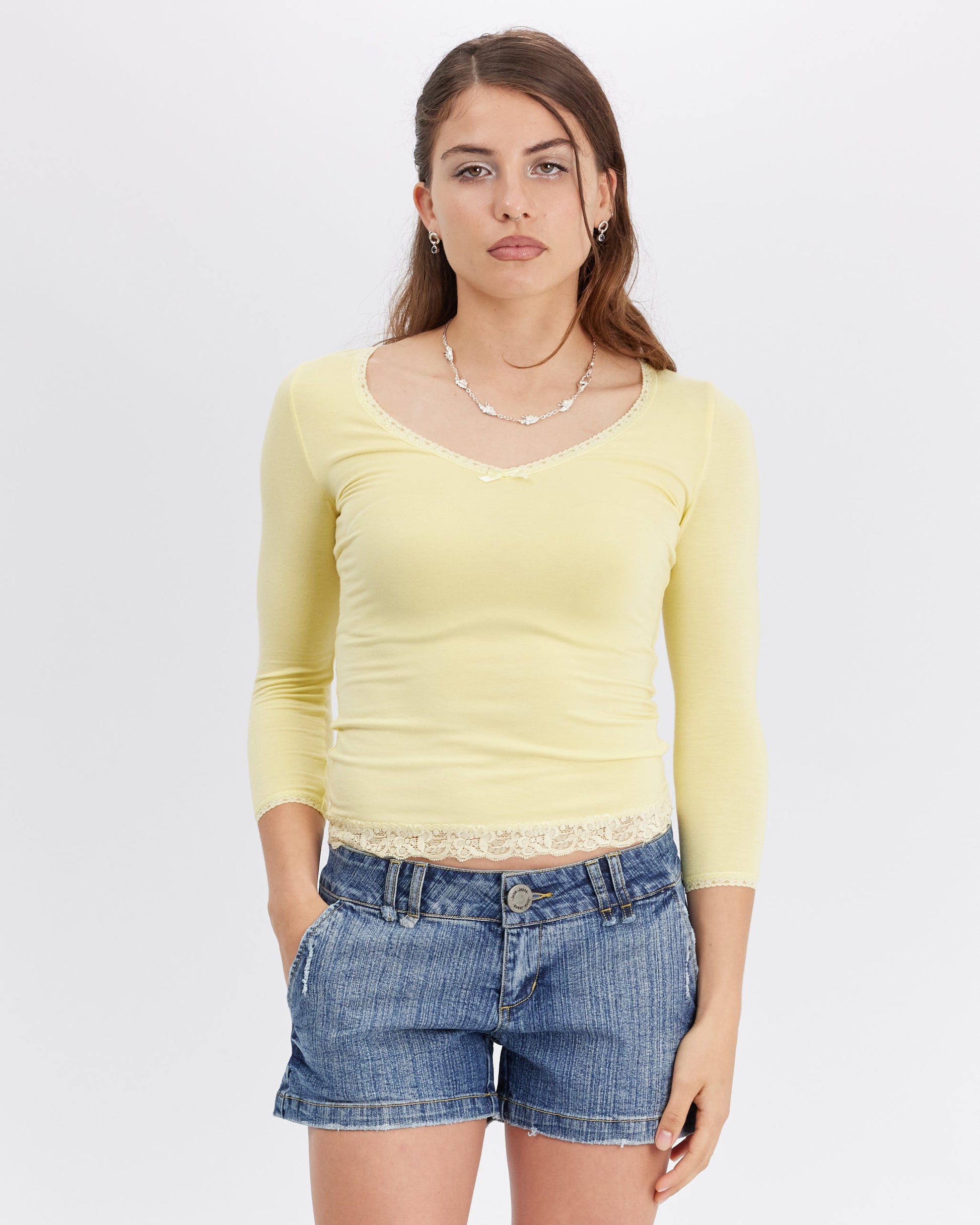 Lace Neckline Long Sleeve - Yellow