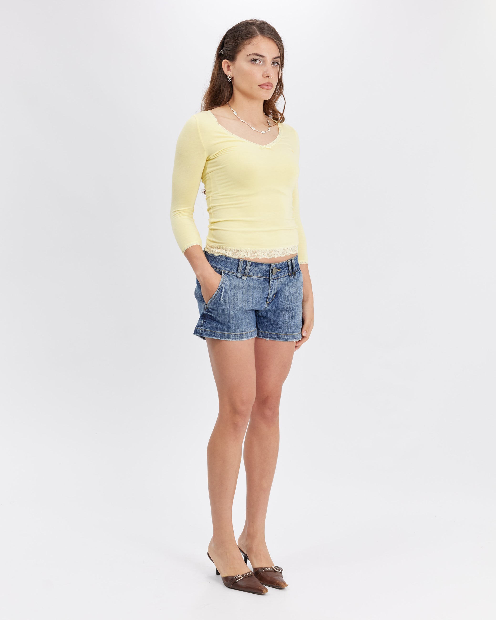 Lace Neckline Long Sleeve - Yellow