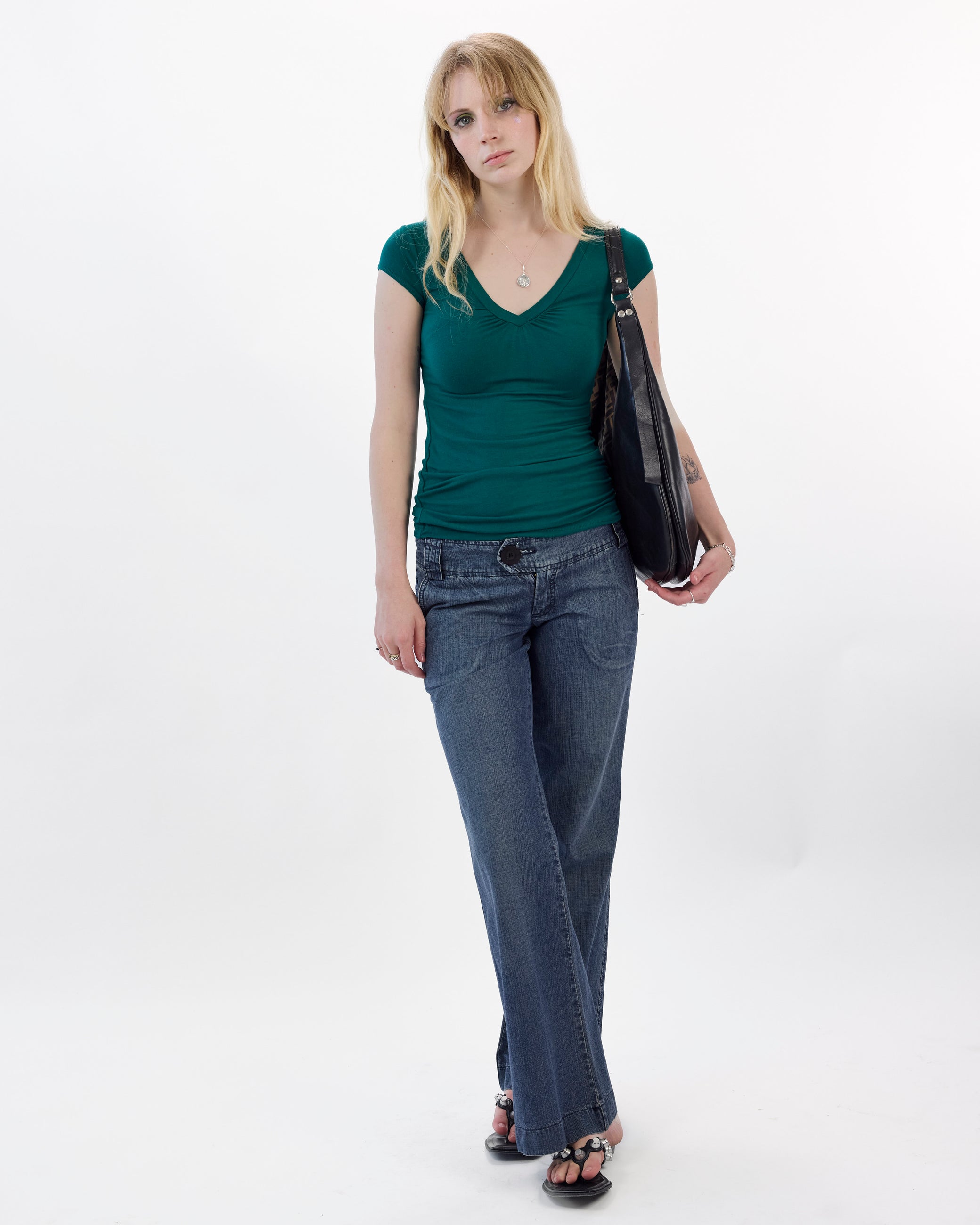V Neck Cap Sleeve T - Deep Teal