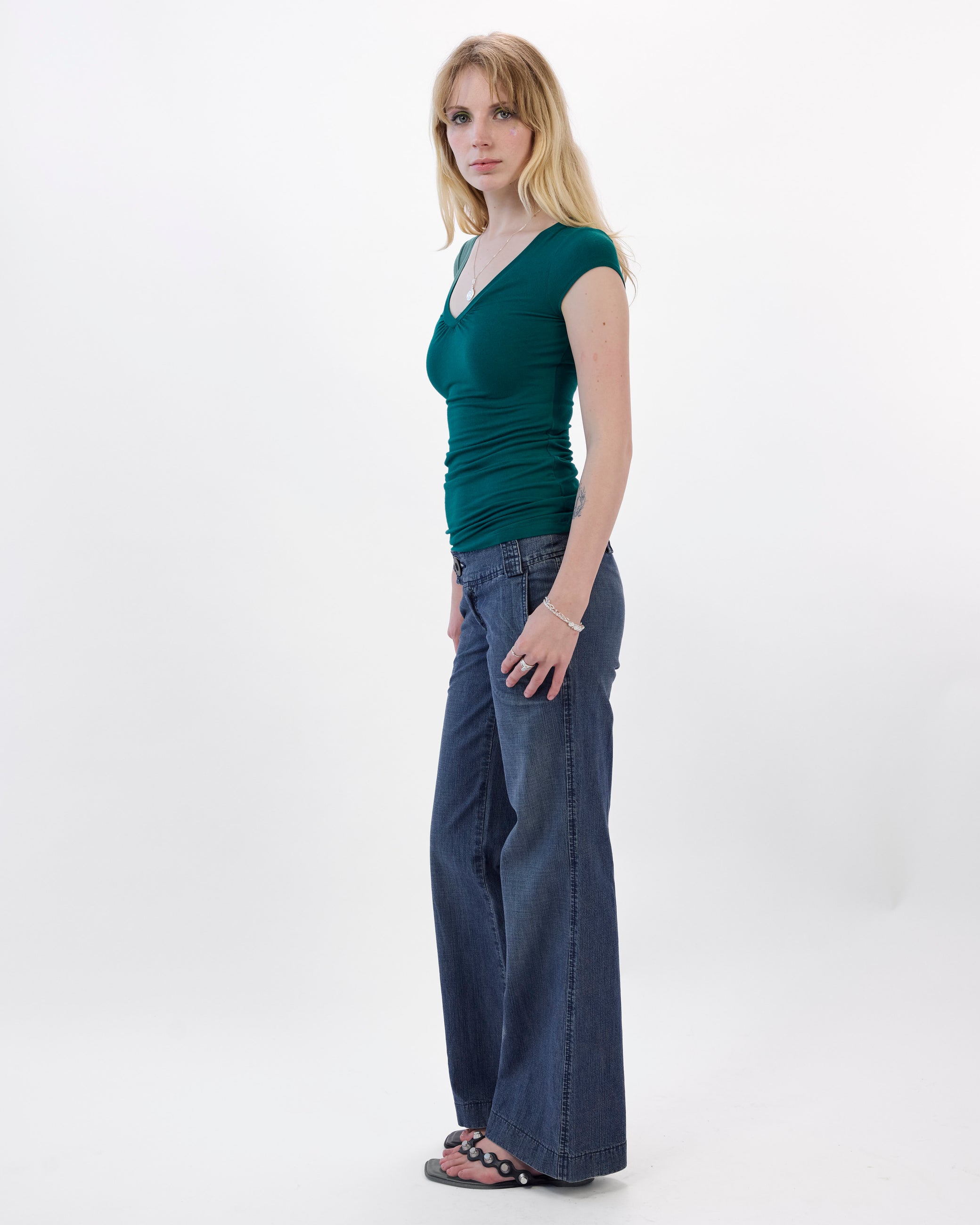 V Neck Cap Sleeve T - Deep Teal