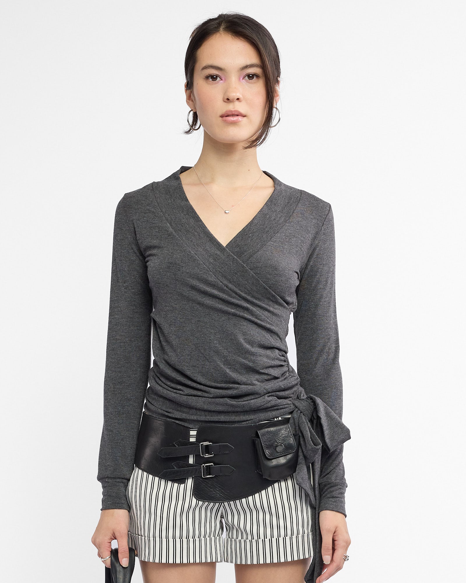 V Neck Long Sleeve Tie Jersey Top