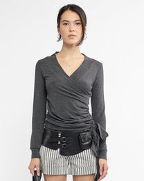 V Neck Long Sleeve Tie Jersey Top