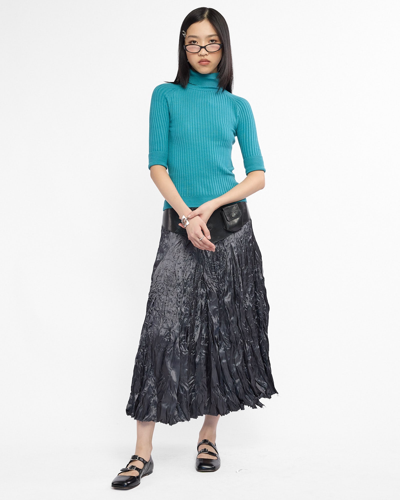Crinkle Satin Shirred Midi Skirt