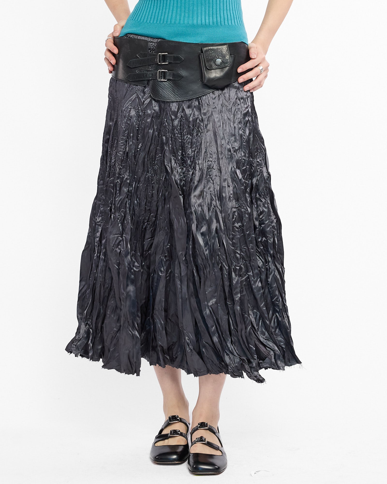 Crinkle Satin Shirred Midi Skirt