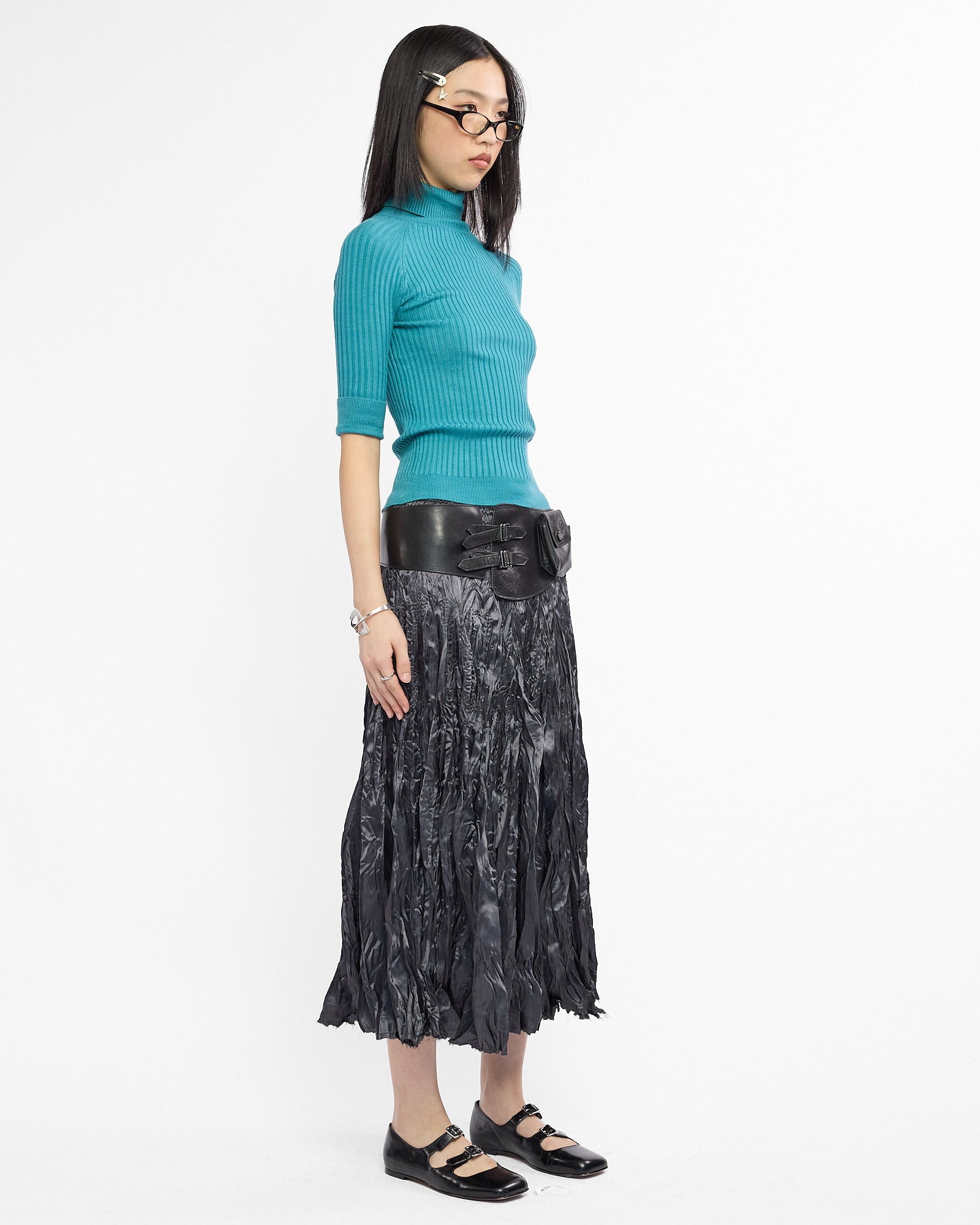 Crinkle Satin Shirred Midi Skirt