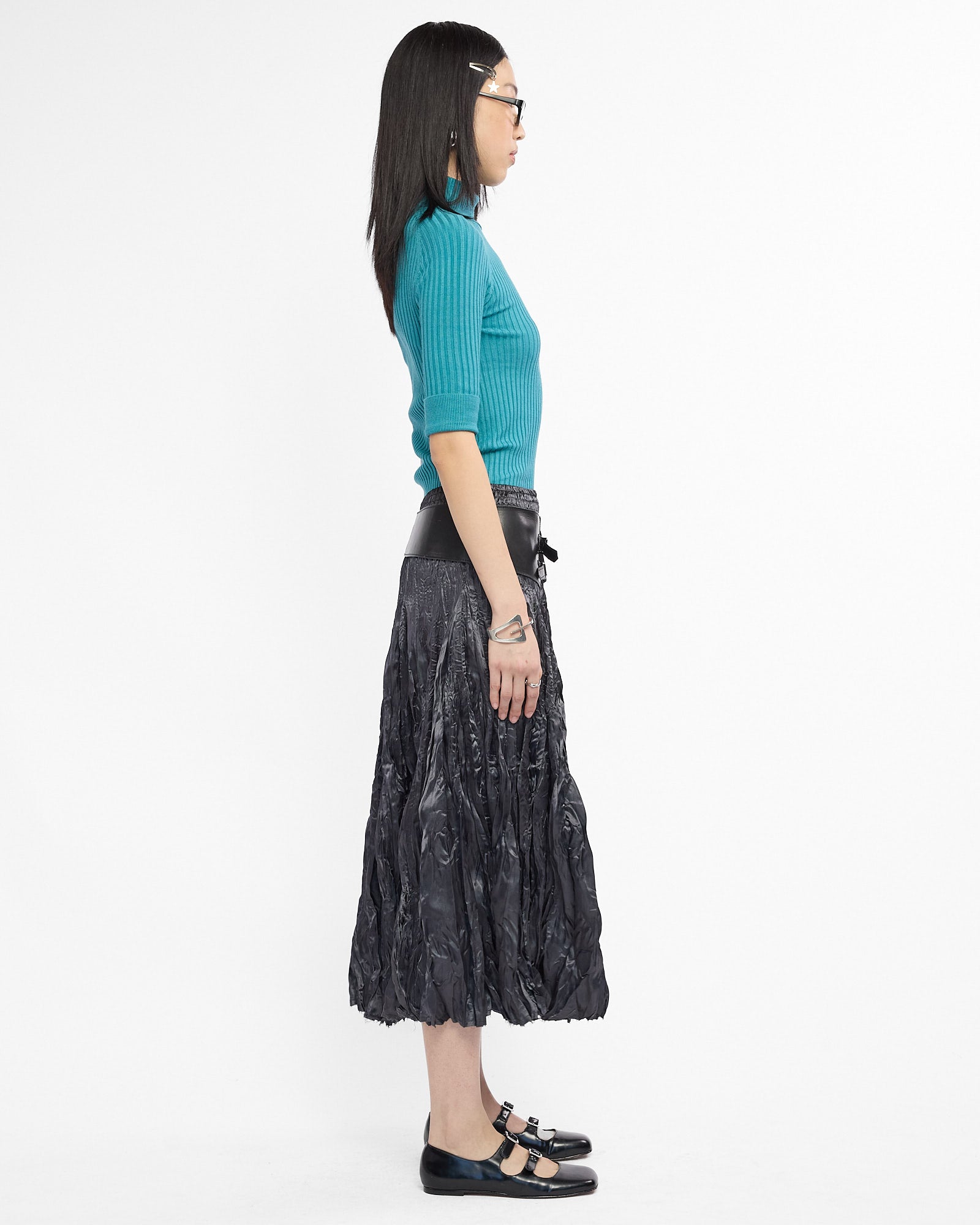 Crinkle Satin Shirred Midi Skirt