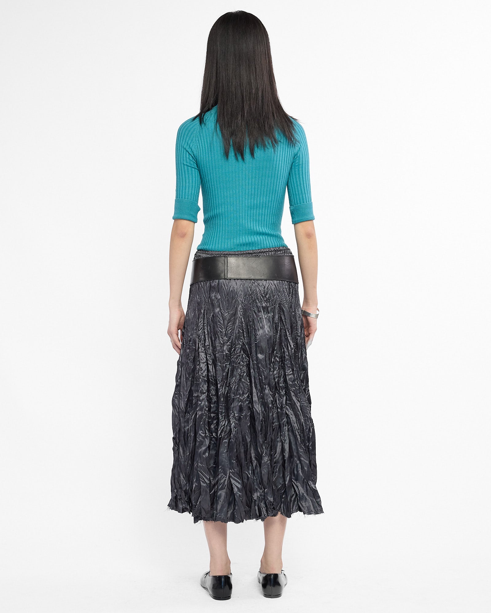 Crinkle Satin Shirred Midi Skirt