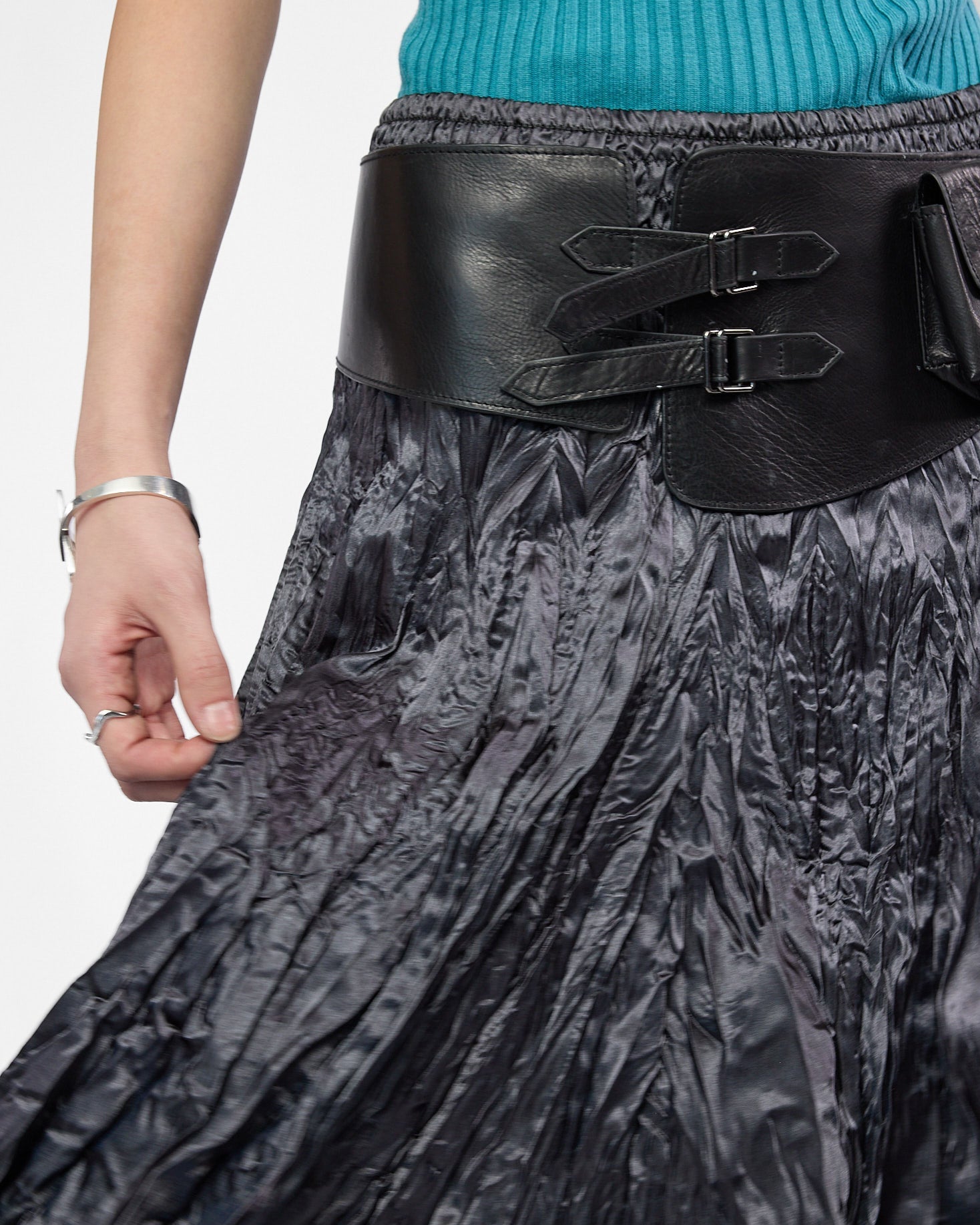 Crinkle Satin Shirred Midi Skirt