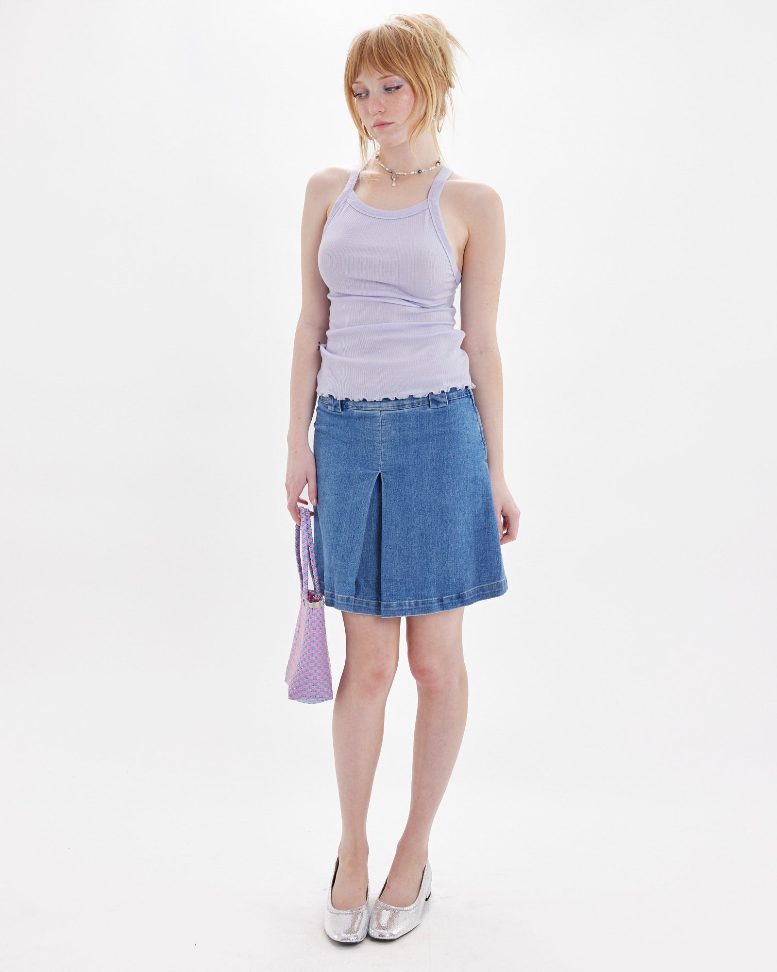 Denim Pleated Skater Skirt