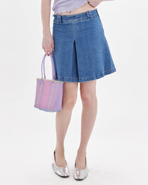 Denim Pleated Skater Skirt