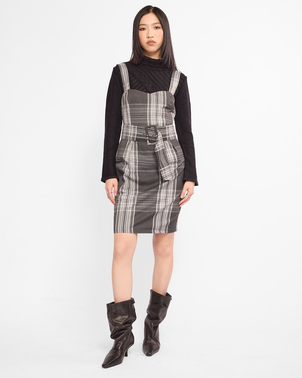 Belted Plaid Pinafore Mini Dress