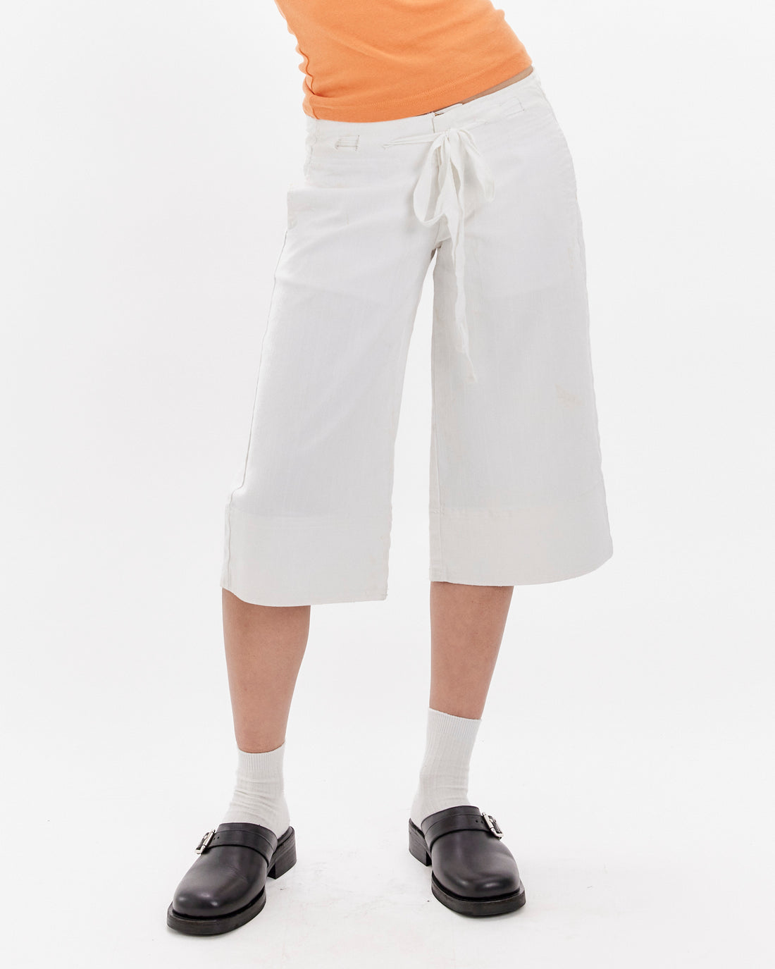3/4 Tie Waist Wide Leg Jort - White