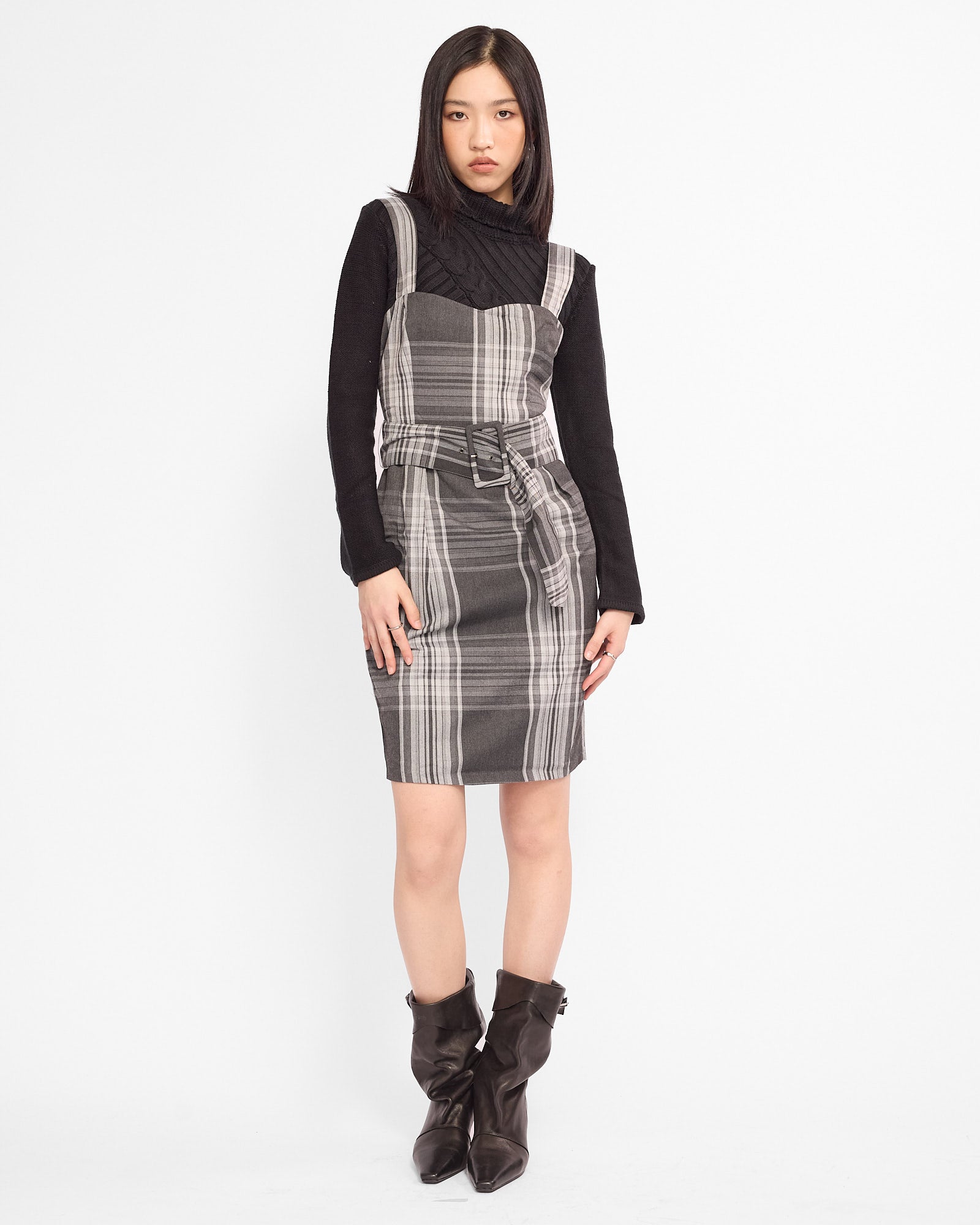 Belted Plaid Pinafore Mini Dress