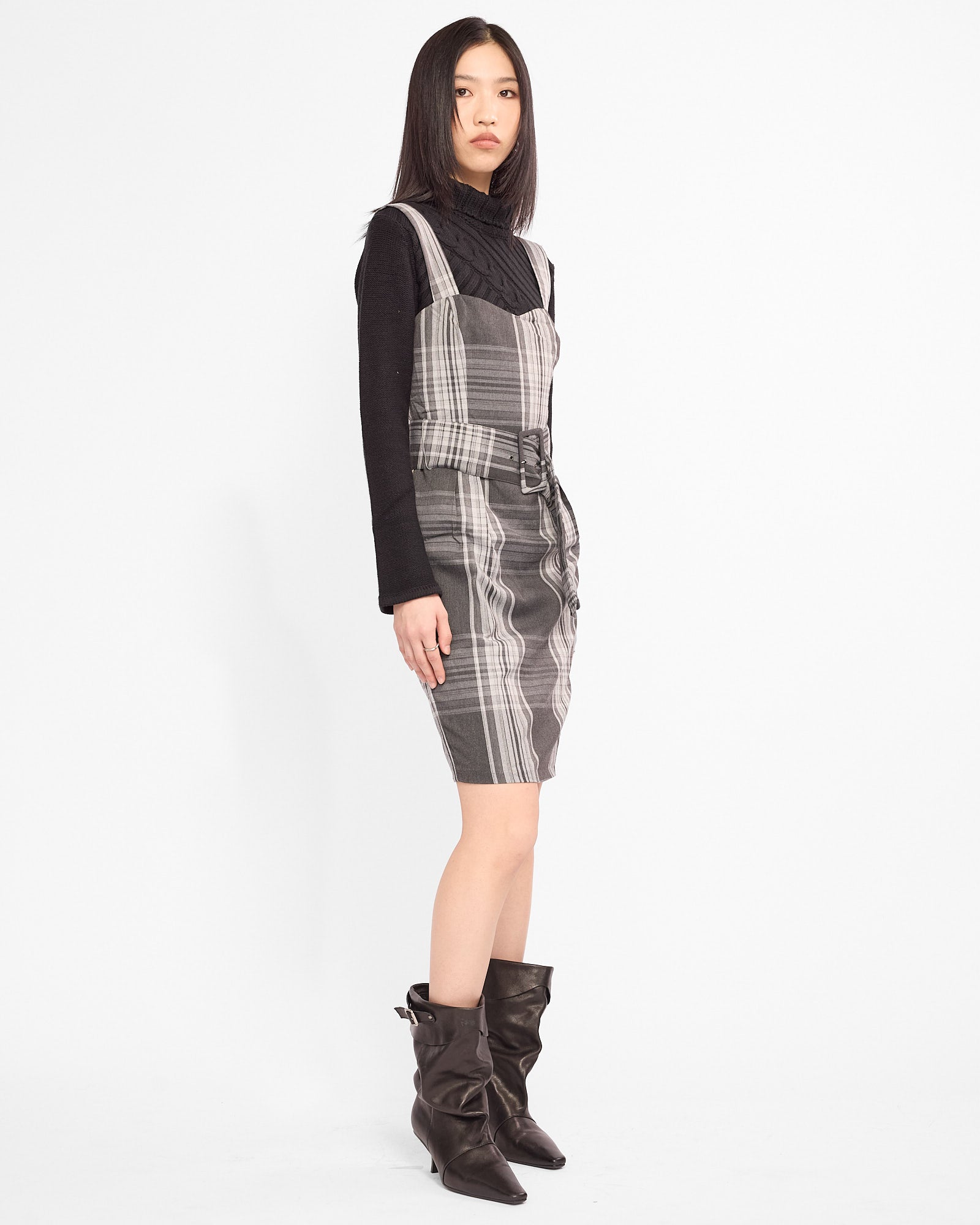 Belted Plaid Pinafore Mini Dress