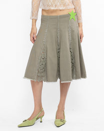 Crochet Raw Edge Midi Skirt - Soft Khaki