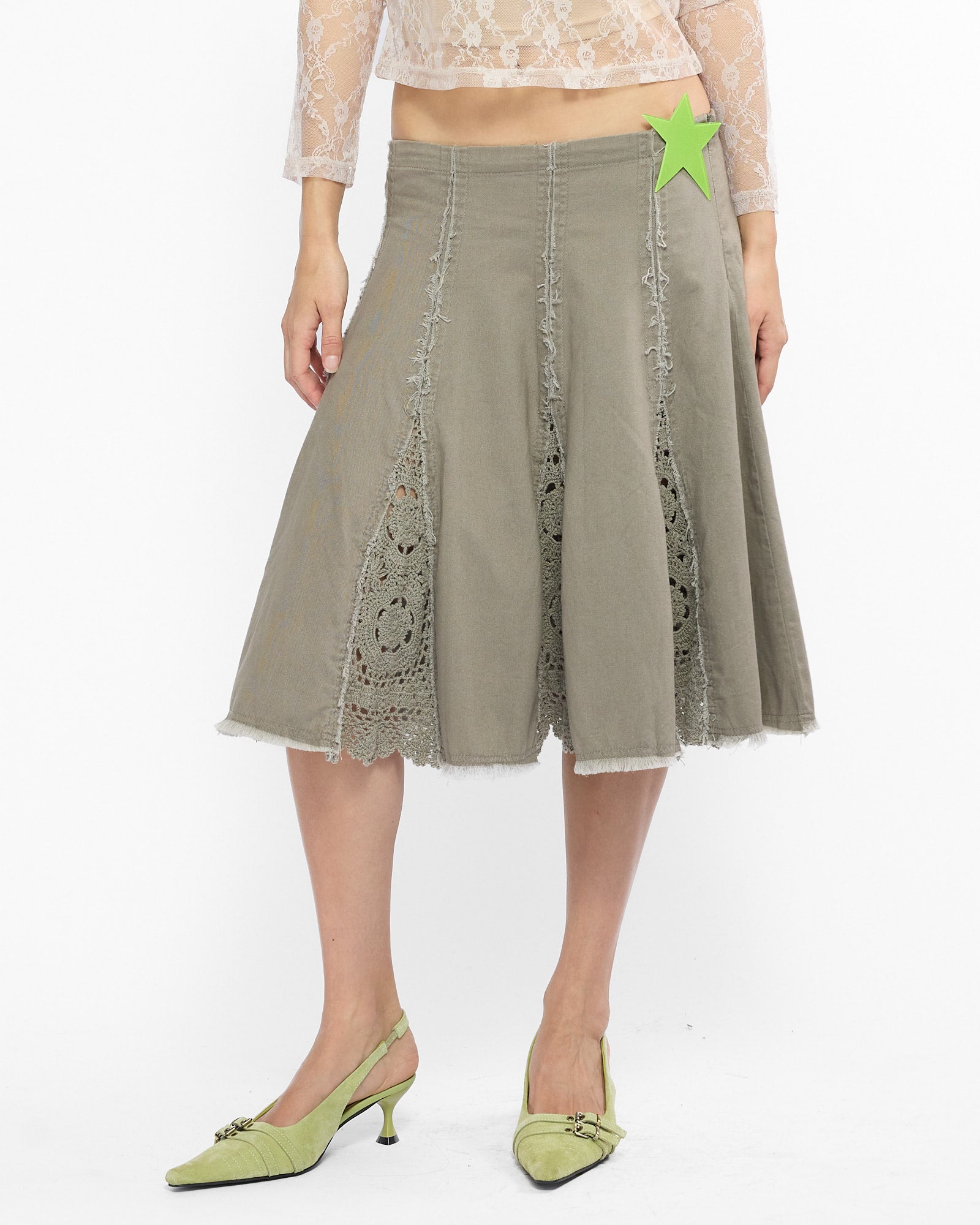 Crochet Raw Edge Midi Skirt - Soft Khaki