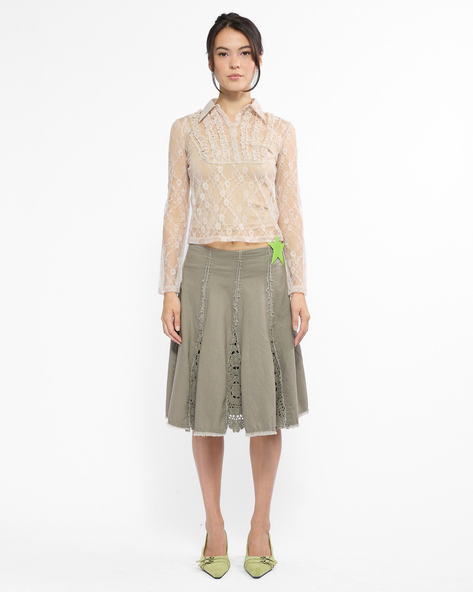 Crochet Raw Edge Midi Skirt - Soft Khaki