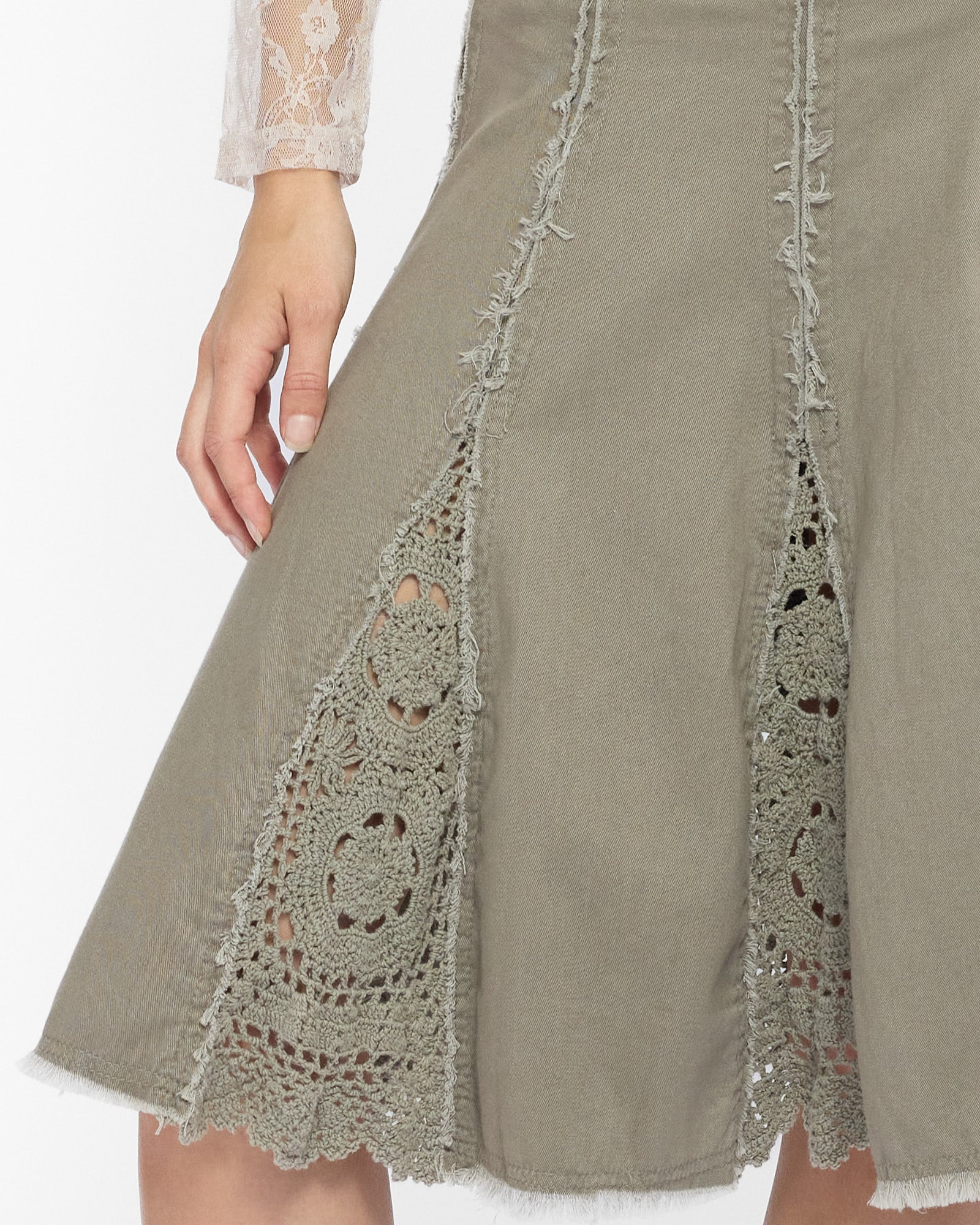 Crochet Raw Edge Midi Skirt - Soft Khaki
