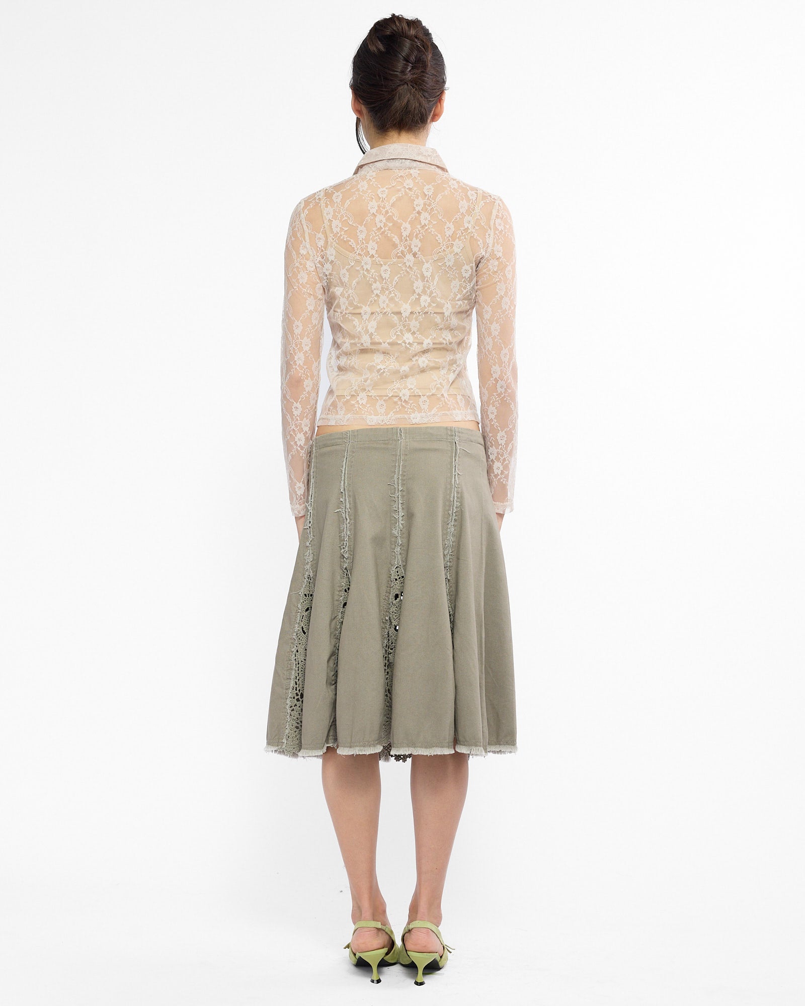 Crochet Raw Edge Midi Skirt - Soft Khaki