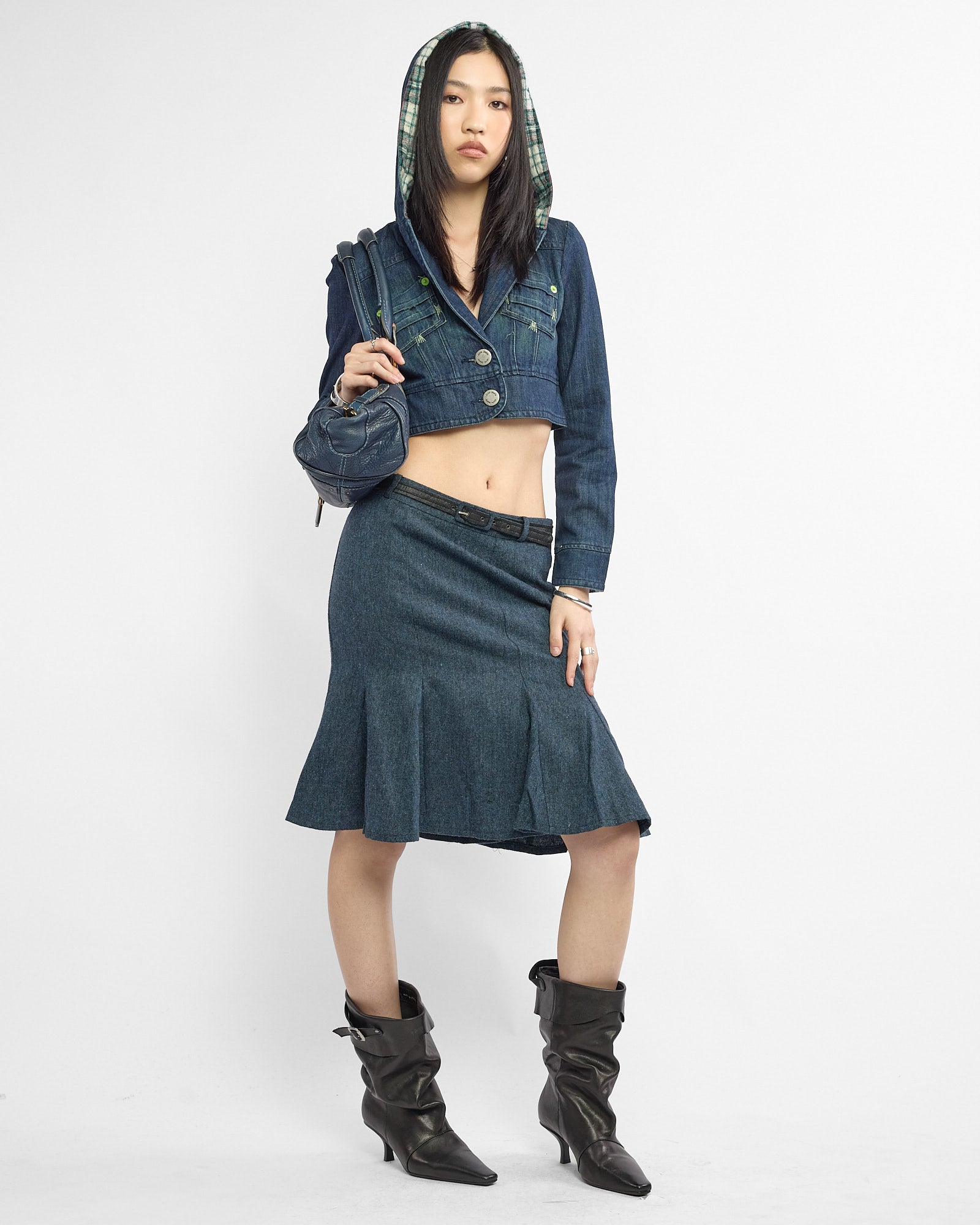 Crop Plaid Hood Denim Jacket