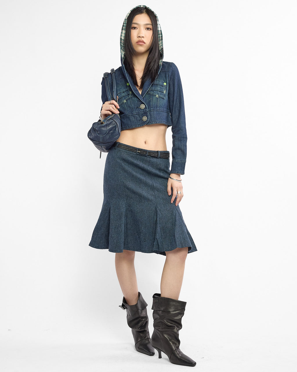 Crop Plaid Hood Denim Jacket