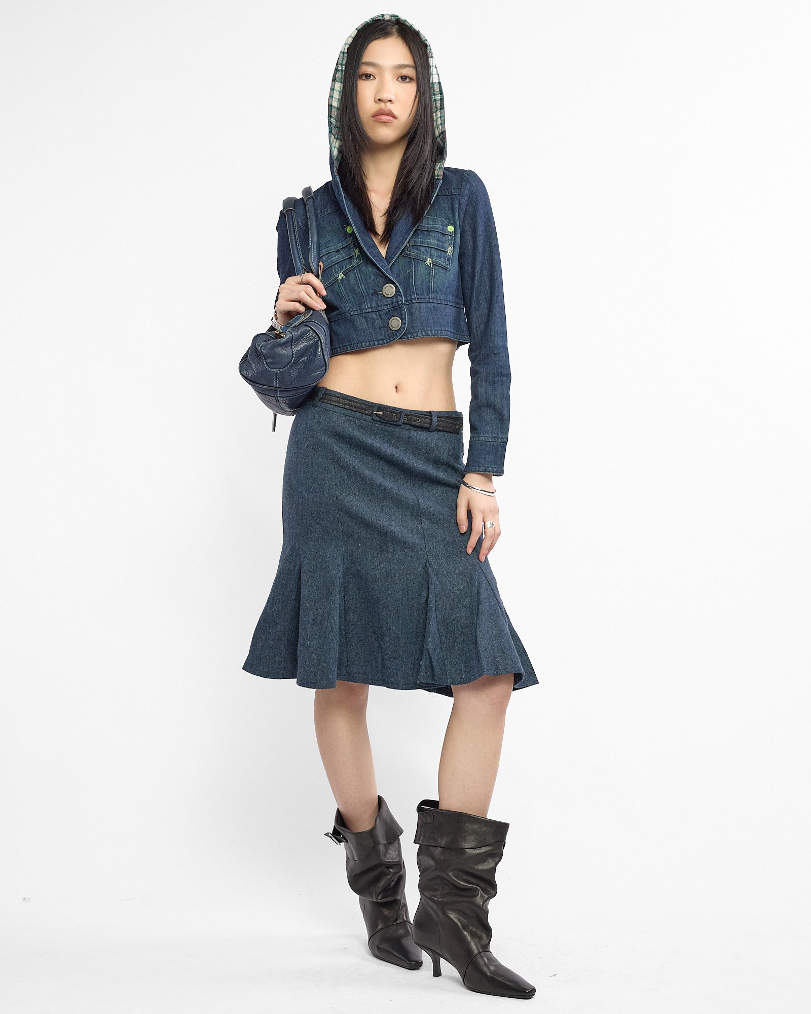 Crop Plaid Hood Denim Jacket