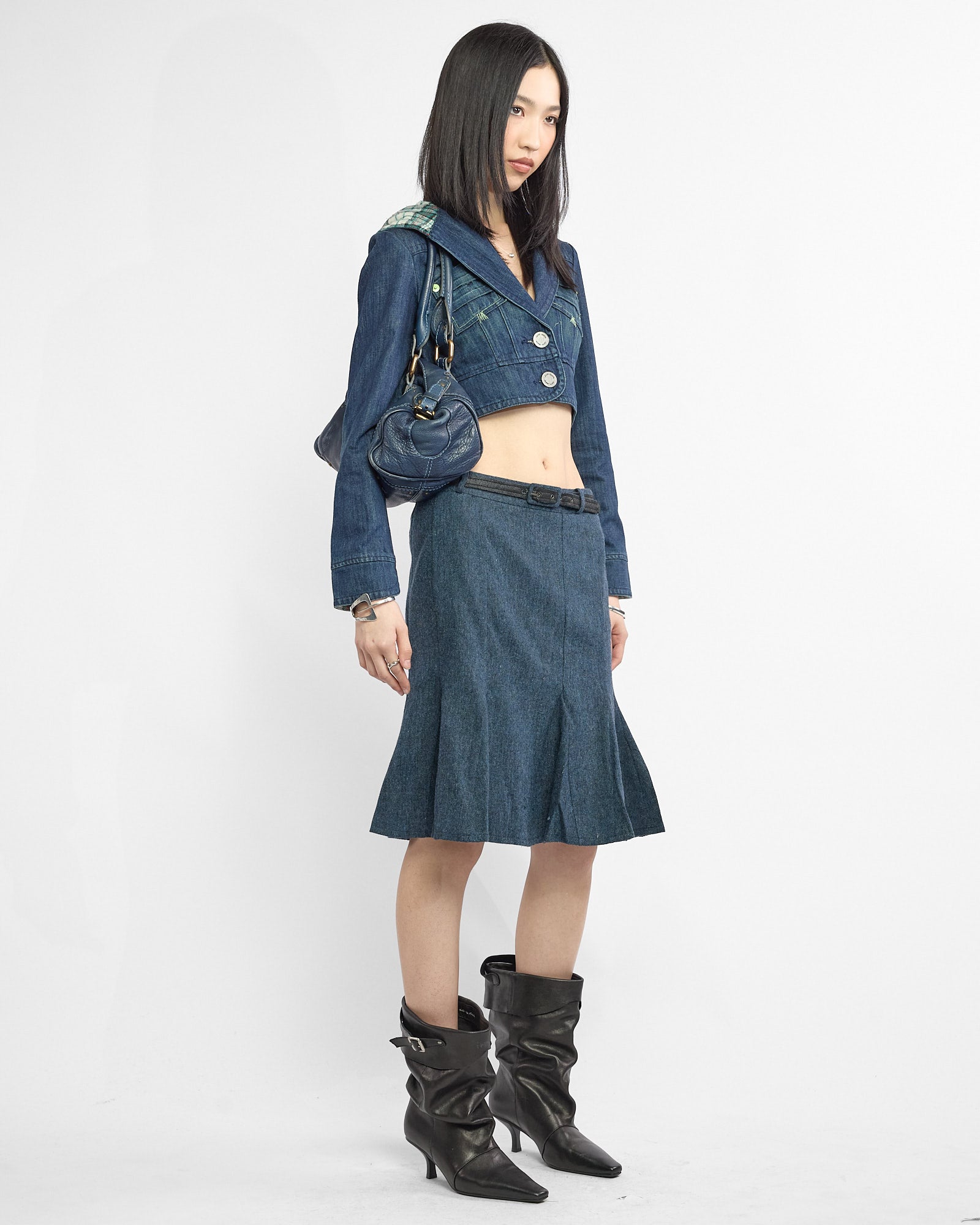 Crop Plaid Hood Denim Jacket