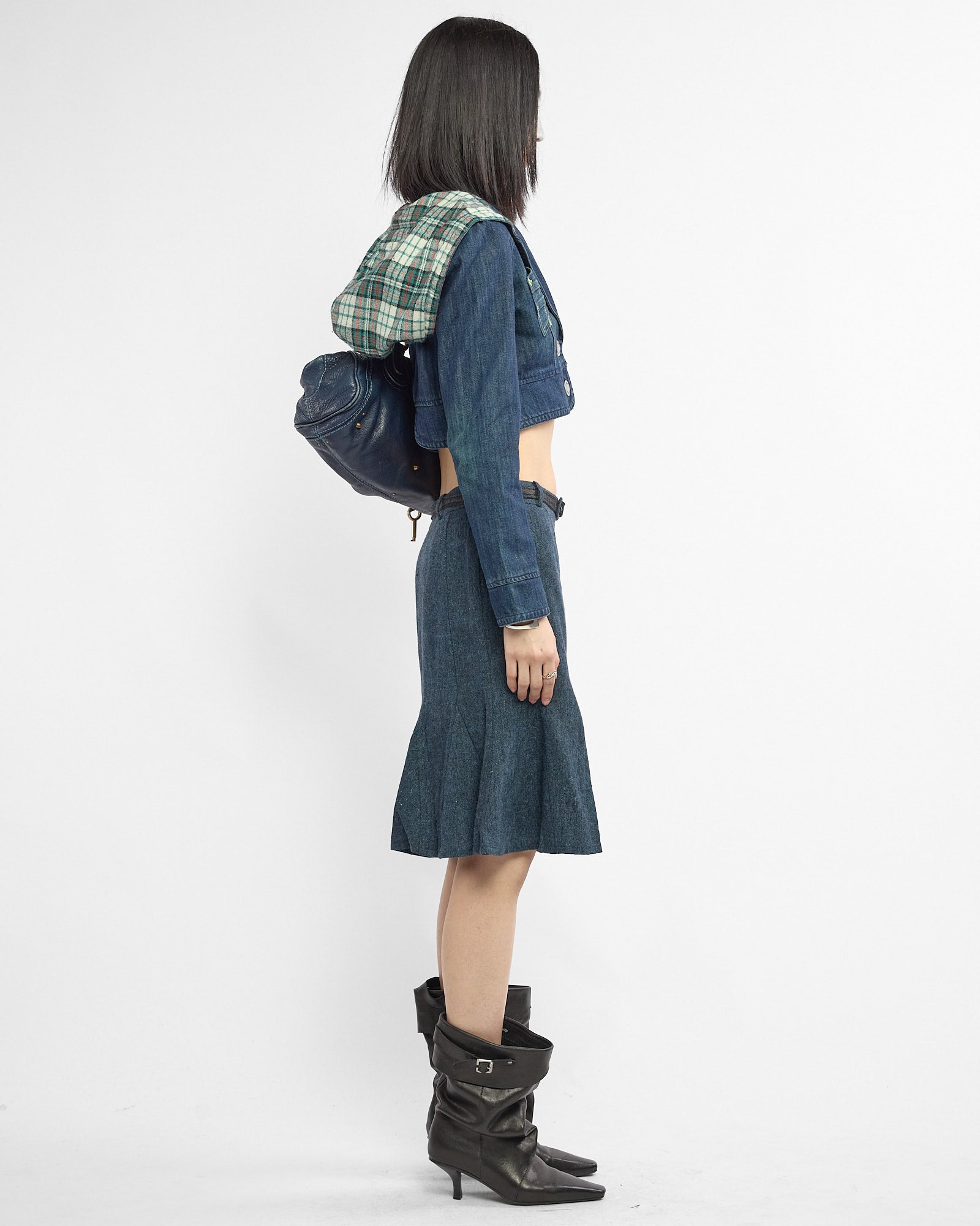 Crop Plaid Hood Denim Jacket
