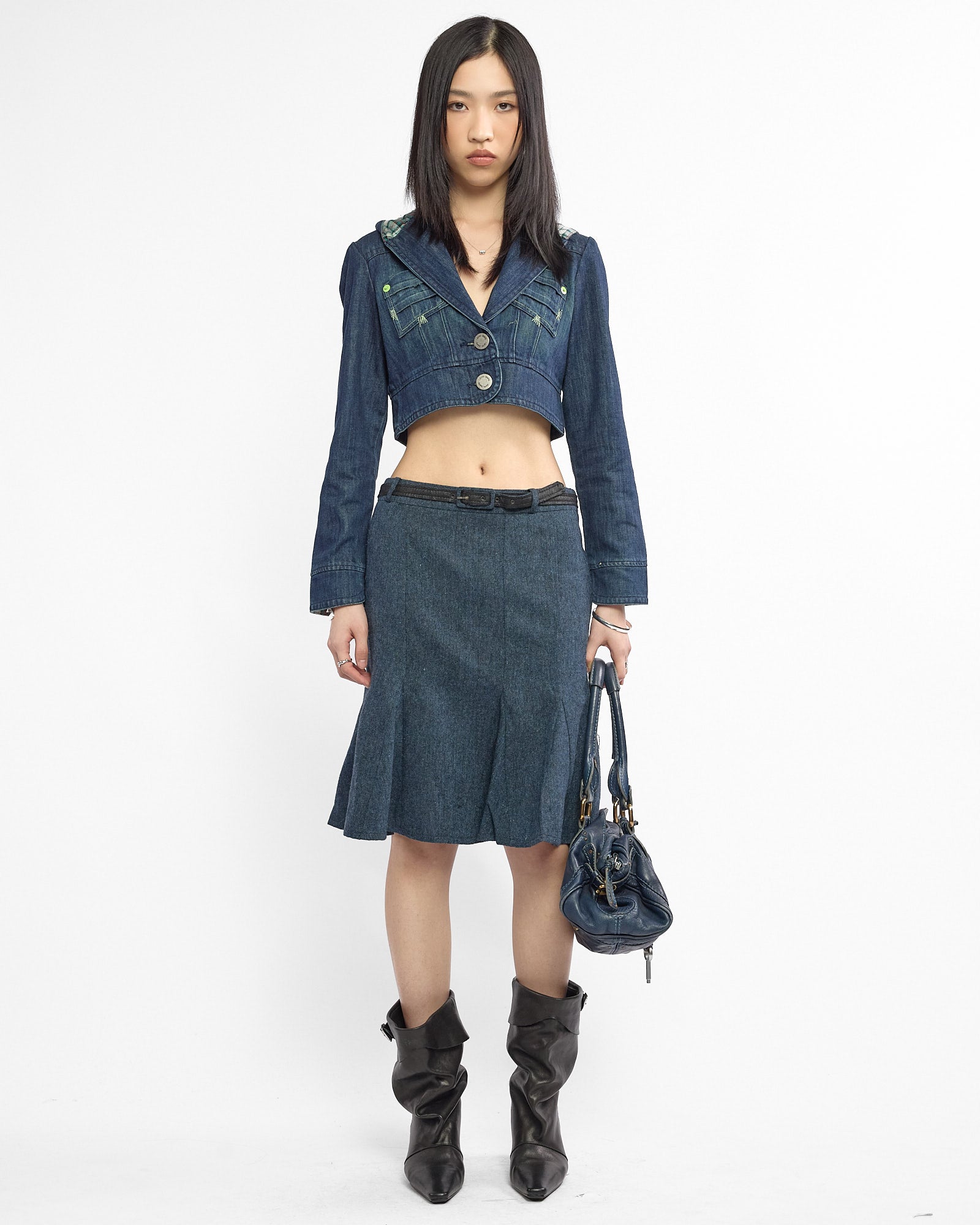 Crop Plaid Hood Denim Jacket