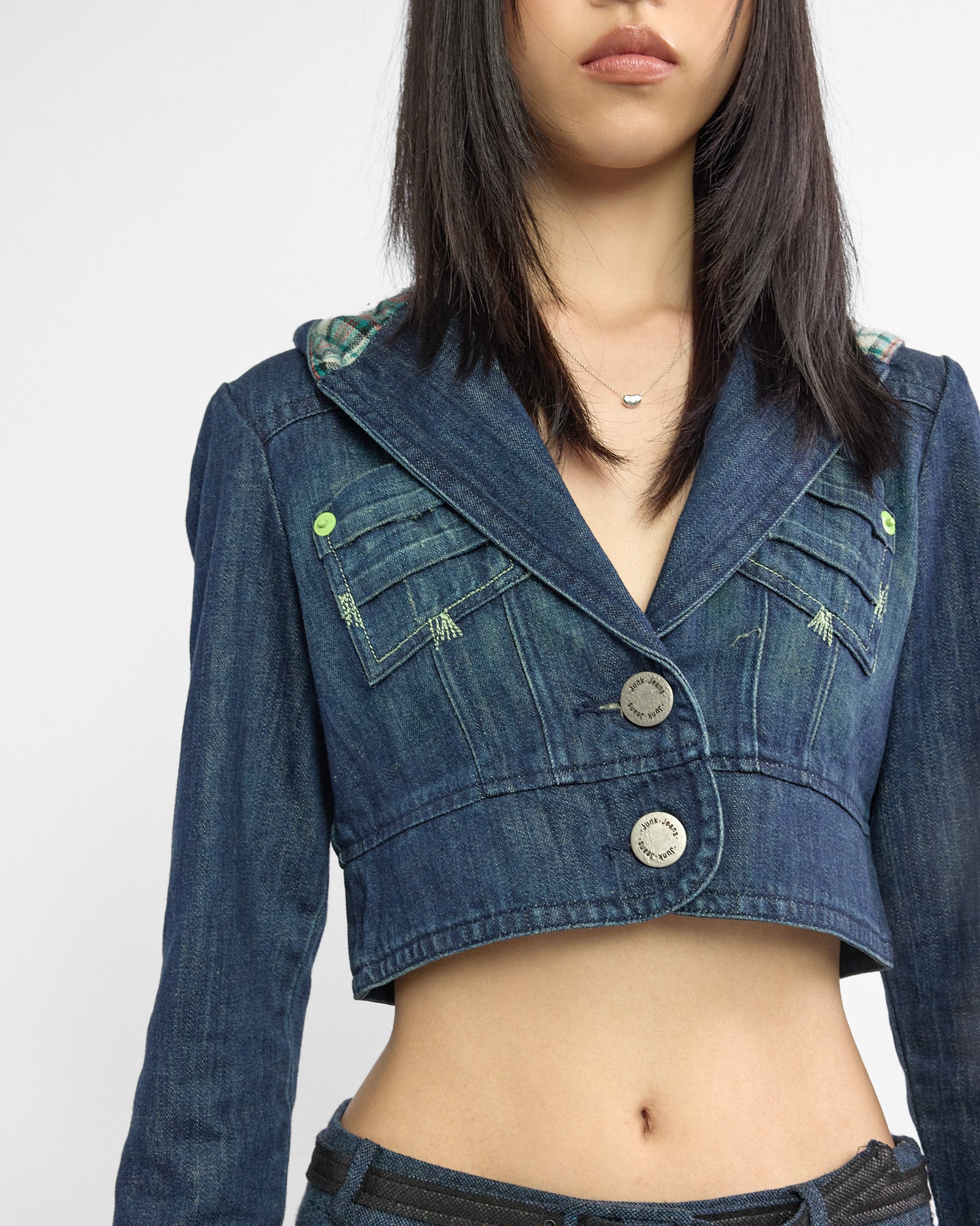 Crop Plaid Hood Denim Jacket