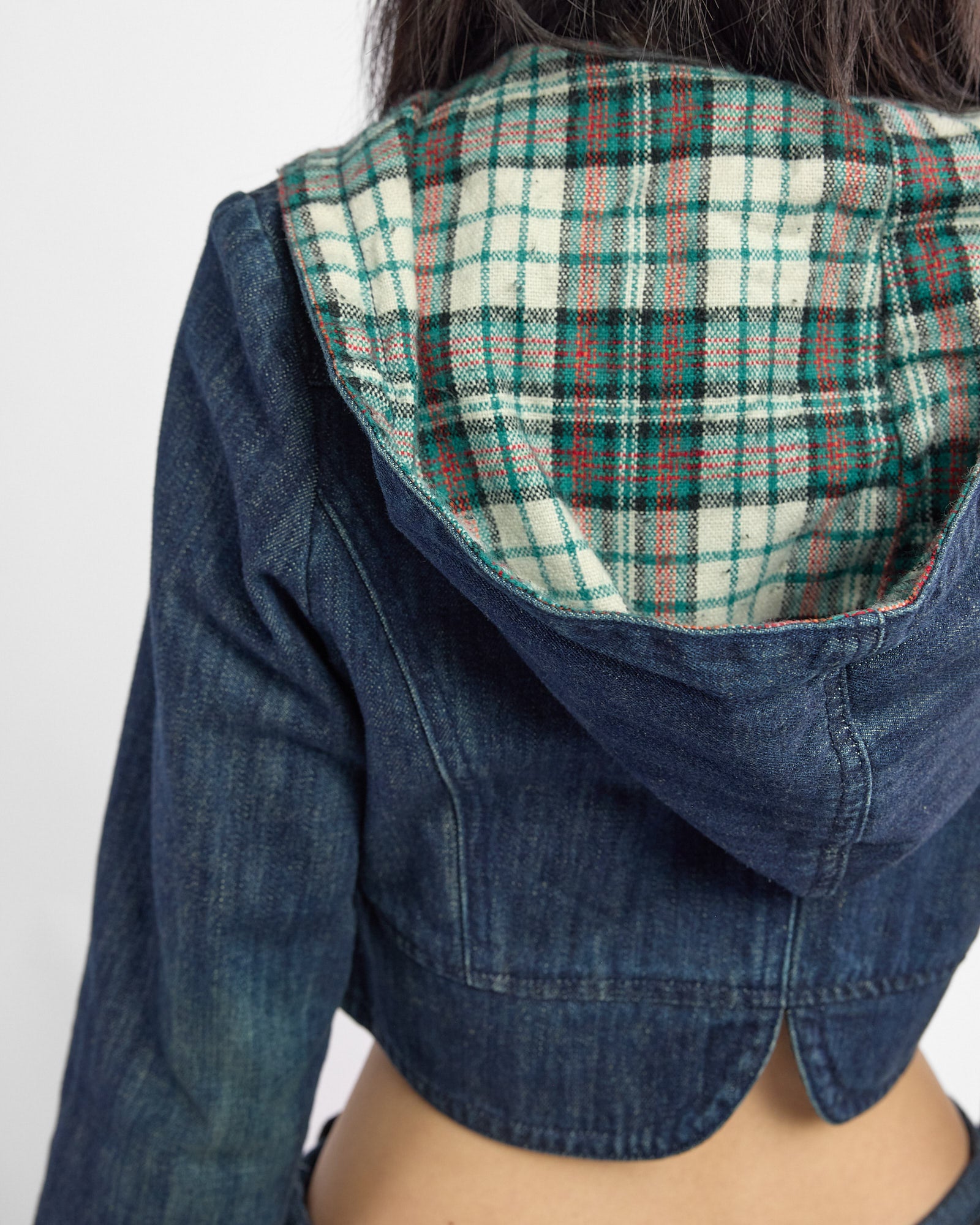 Crop Plaid Hood Denim Jacket