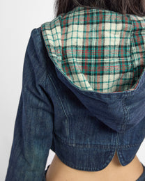 Crop Plaid Hood Denim Jacket