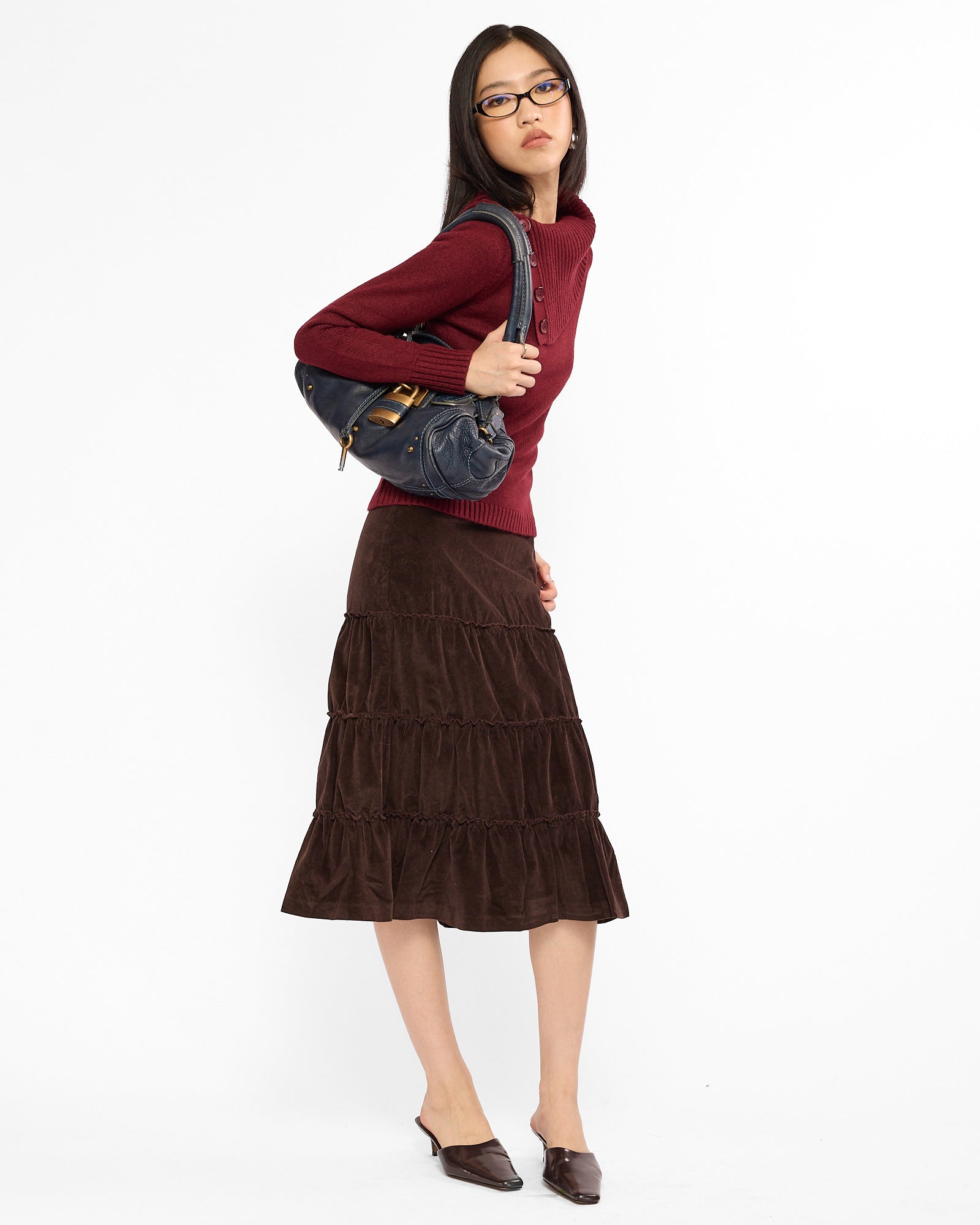 Tiered Corduroy Midi Skirt - Chocolate