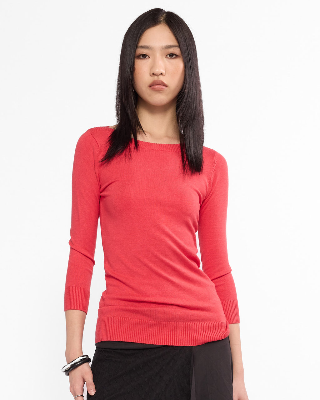 Boat Neck Fine Knit Sweater - Tomato