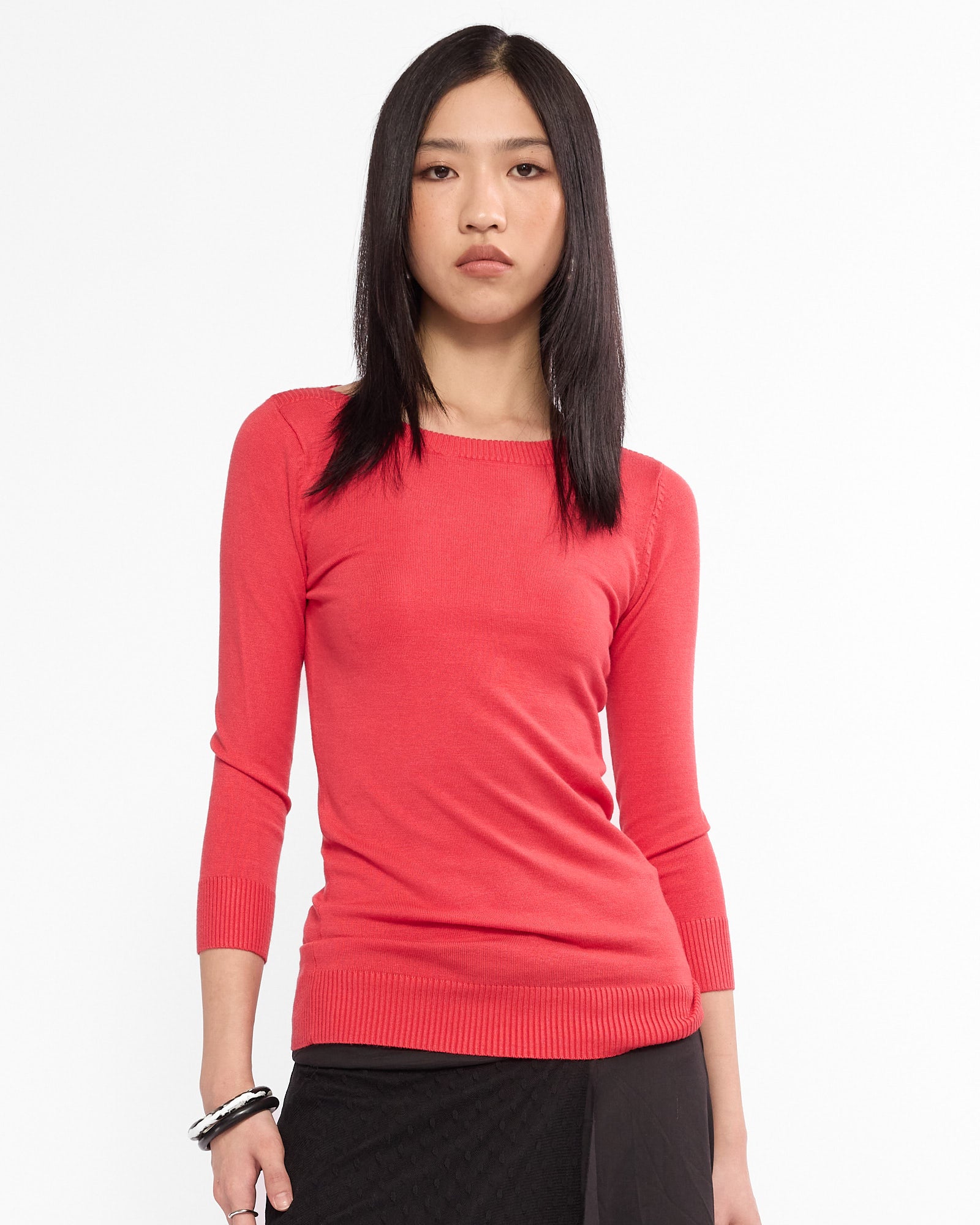 Boat Neck Fine Knit Sweater - Tomato